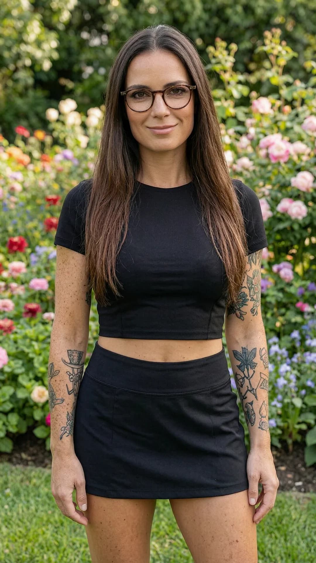 A 34-year-old Caucasian woman with straight brunette hair, brown eyes, fit body type and freckles, wearing stylish glasses and artistic tattoos, standing in a beautiful garden filled with colorful flowers, dressed in a short black tennis skirt and tight crop top shirt, captured in a medium close-up portrait from eye-level front angle, posing with relaxed shoulders and gentle smile, direct eye contact with the viewer and warm inviting smile, soft natural daylight illuminating her skin and clothing, realistic style, Flawless anatomy, no extra digits, no extra limbs, realistic skin texture, high-detail.