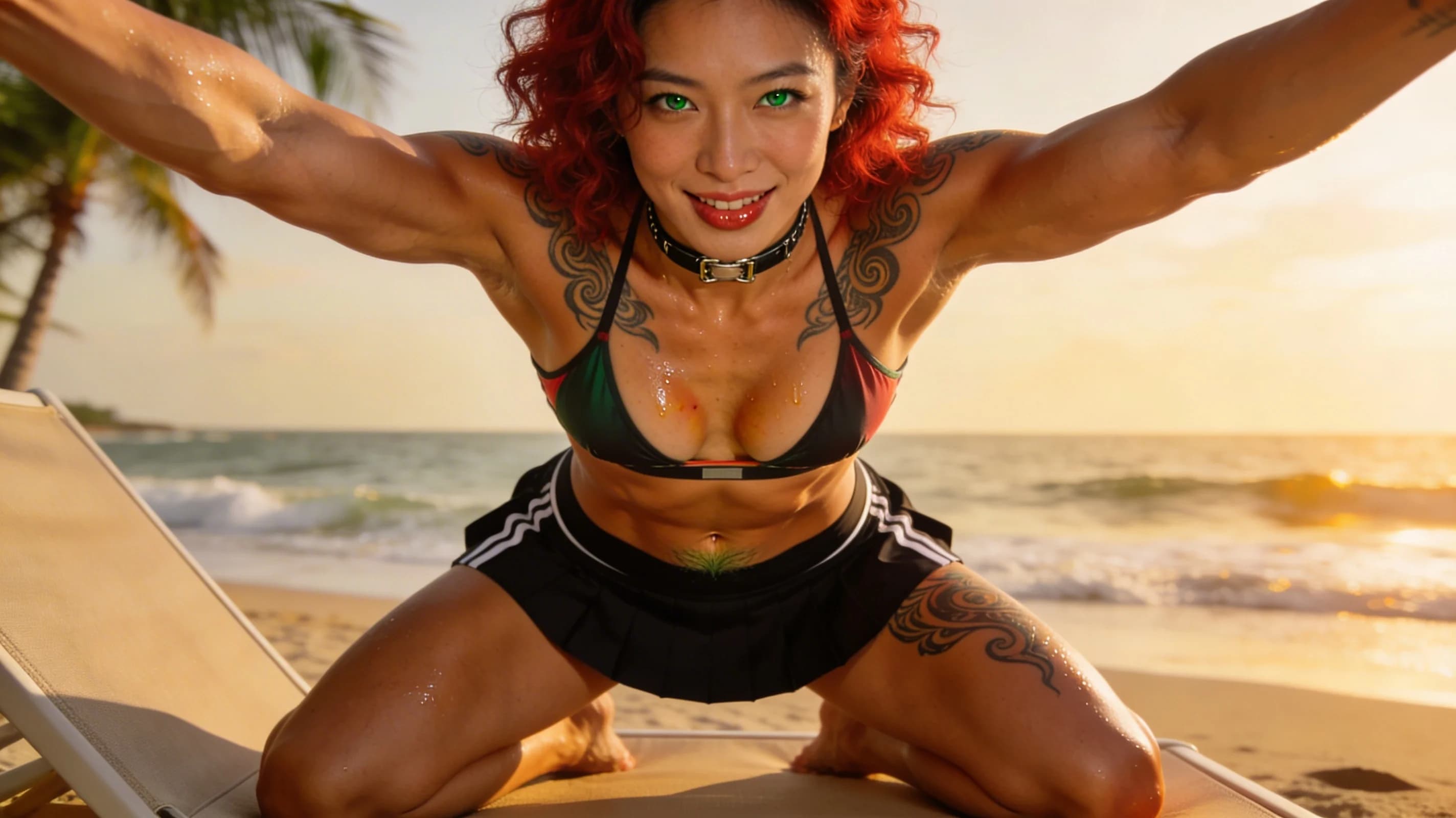35-year-old muscular Asian woman with curly red hair and striking green eyes, realistic style, tanning seductively on a beach lounger in a stylish bikini that hugs her toned athletic physique, short black tennis skirt hiked up slightly revealing her trimmed pubic hair, crop top shirt cropped high to expose her firm abs and underboob, fashionable choker around her neck, artistic tattoos swirling elegantly across her shoulders and thighs, kneeling in an elegant athletic squat pose with knees spread wide and back arched gracefully, stretching her powerful legs and arms overhead in body tension with subtle muscle definition and skin sheen from sunscreen and light sweat, medium close-up portrait from a low front angle POV looking up at her intense direct eye contact with a playful inviting smile and parted glossy lips, golden hour beach lighting casting warm glows and soft shadows on her sun-kissed skin, ocean waves and palm trees in soft background focus, nsfw with explicit genital visibility of her aroused labia glistening with wetness, breasts heaving slightly with pert nipples straining against the thin bikini fabric, flawless anatomy, no extra digits, no extra limbs, realistic skin texture, high-detail.