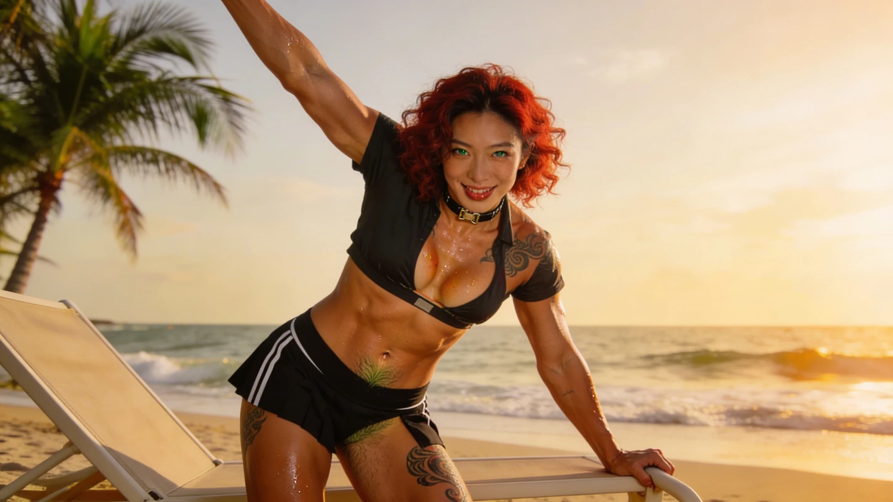 35-year-old muscular Asian woman with curly red hair and striking green eyes, realistic style, tanning seductively on a beach lounger in a stylish bikini that hugs her toned athletic physique, short black tennis skirt hiked up slightly revealing her trimmed pubic hair, crop top shirt cropped high to expose her firm abs and underboob, fashionable choker around her neck, artistic tattoos swirling elegantly across her shoulders and thighs, kneeling in an elegant athletic squat pose with knees spread wide and back arched gracefully, stretching her powerful legs and arms overhead in body tension with subtle muscle definition and skin sheen from sunscreen and light sweat, medium close-up portrait from a low front angle POV looking up at her intense direct eye contact with a playful inviting smile and parted glossy lips, golden hour beach lighting casting warm glows and soft shadows on her sun-kissed skin, ocean waves and palm trees in soft background focus, nsfw with explicit genital visibility of her aroused labia glistening with wetness, breasts heaving slightly with pert nipples straining against the thin bikini fabric, flawless anatomy, no extra digits, no extra limbs, realistic skin texture, high-detail.