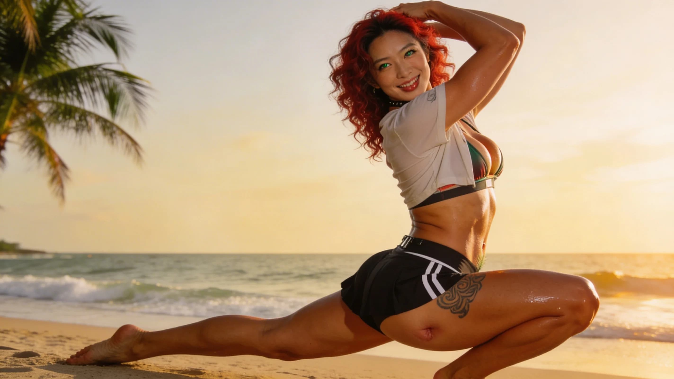 35-year-old muscular Asian woman with curly red hair and striking green eyes, realistic style, tanning seductively on a beach lounger in a stylish bikini that hugs her toned athletic physique, short black tennis skirt hiked up slightly revealing her trimmed pubic hair, crop top shirt cropped high to expose her firm abs and underboob, fashionable choker around her neck, artistic tattoos swirling elegantly across her shoulders and thighs, kneeling in an elegant athletic squat pose with knees spread wide and back arched gracefully, stretching her powerful legs and arms overhead in body tension with subtle muscle definition and skin sheen from sunscreen and light sweat, medium close-up portrait from a low front angle POV looking up at her intense direct eye contact with a playful inviting smile and parted glossy lips, golden hour beach lighting casting warm glows and soft shadows on her sun-kissed skin, ocean waves and palm trees in soft background focus, nsfw with explicit genital visibility of her aroused labia glistening with wetness, breasts heaving slightly with pert nipples straining against the thin bikini fabric, flawless anatomy, no extra digits, no extra limbs, realistic skin texture, high-detail.