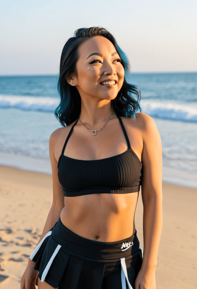 Wearing short black tennis skirt and a crop top shirt, portrait picture, looking at the viewer with a smile, wearing a stylish bikini on the beach