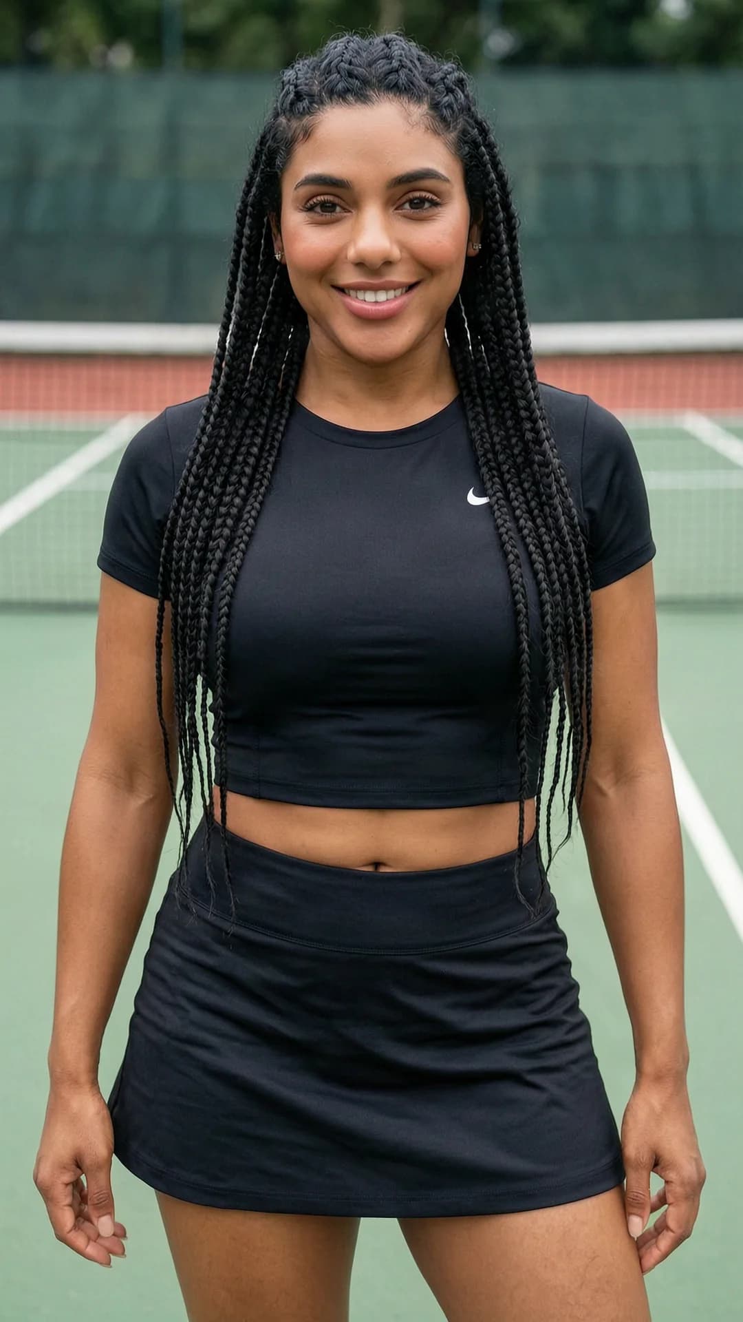 A 35-year-old Indian woman with a muscular athletic build, long black braids, and warm brown eyes, wearing a short black tennis skirt and a fitted crop top shirt that exposes her toned midriff, standing in a confident upright pose with shoulders back and hips slightly angled, medium close-up front-facing portrait from eye level with direct intense eye contact and a bright genuine smile, soft natural daylight illuminating her smooth skin and defined muscles, tennis court background with blurred green court lines, realistic style, Flawless anatomy, no extra digits, no extra limbs, realistic skin texture, high-detail.