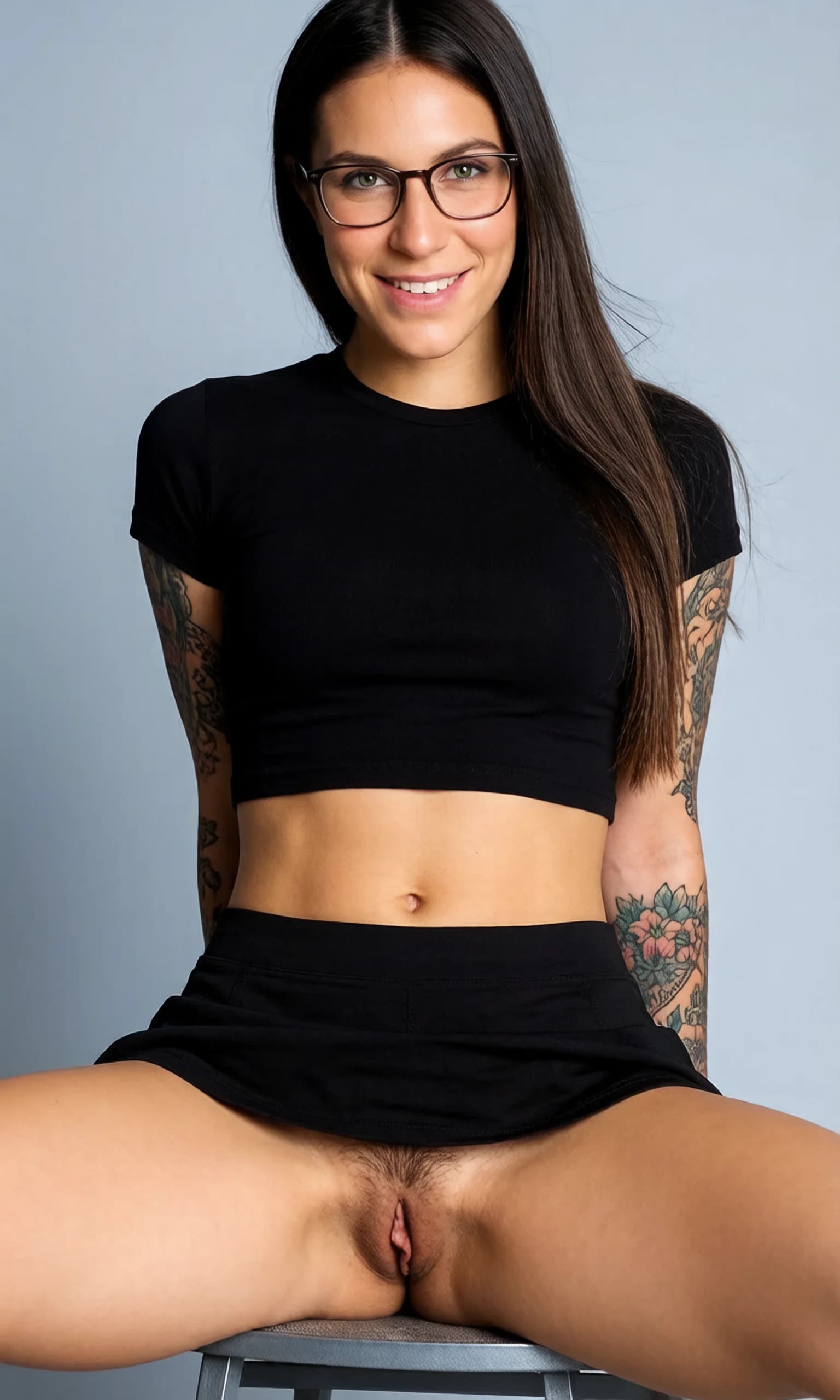 A 24-year-old Caucasian woman with straight brunette hair, green eyes, fit body type, wearing glasses and intricate tattoos, natural pubic hair, dressed in a short black tennis skirt and tight crop top shirt that exposes her midriff, captured in a close-up portrait from frontal eye-level angle with direct intense eye contact and a warm genuine smile, lips curved upward, confident standing pose with shoulders back, soft cinematic lighting highlighting skin texture and fabric details, realistic style, joyful mood. Flawless anatomy, no extra digits, no extra limbs, realistic skin texture, high-detail.