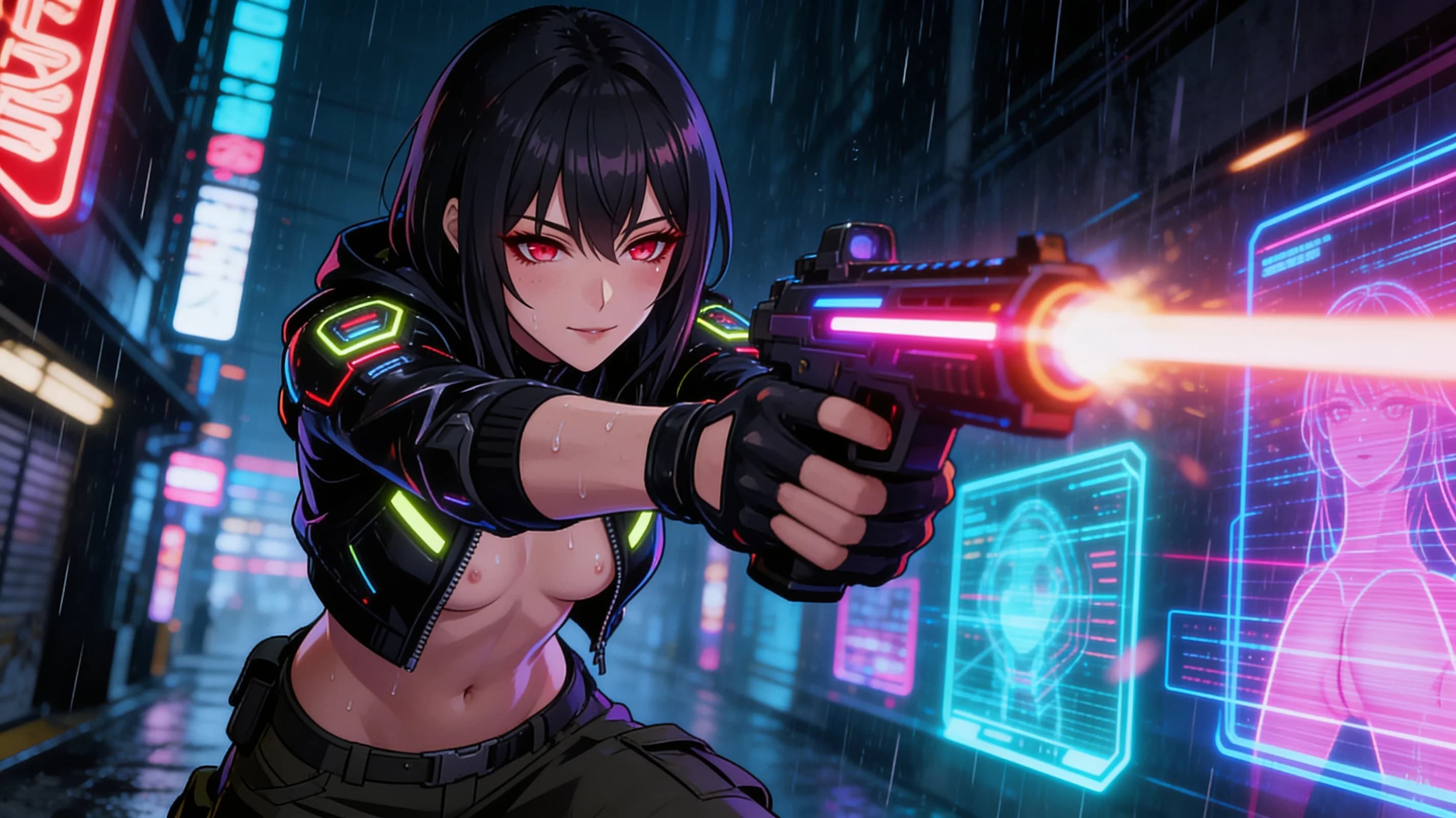 A 24-year-old Caucasian woman with straight black hair, red eyes and skinny body type stands in a dynamic combat stance during a cyberpunk firefight as a mercenary, wearing a sleek black tactical jacket with neon-lit armor plates, fingerless gloves and cargo pants, holding a glowing plasma rifle aimed forward amid raining neon signs and holographic billboards in a dark rainy alley, medium close-up from front angle, intense forward eye contact with fierce determination and focused aggression, lips pressed tight, sweat drops on skin with light sheen and blush marks from exertion, body leaning into the shot with breasts pressed against the vest fabric, cyberpunk atmosphere with vibrant blue and pink lighting, anime style, high-quality illustration. Flawless anatomy, no extra digits, no extra limbs, detailed anime shading, high-quality illustration.