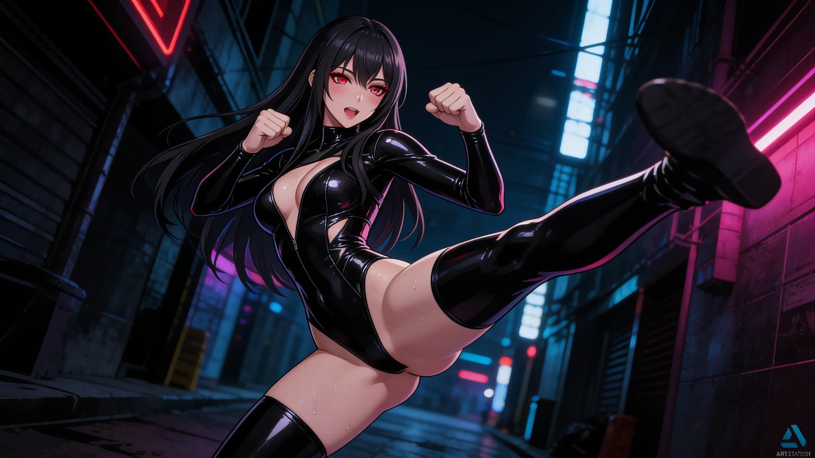 A 24-year-old Caucasian woman with skinny body type, straight black hair and piercing red eyes, wearing a tight glossy black latex suit that clings to her slender frame with deep neckline and high-cut legs, striking a dynamic fighting pose with one leg extended in a high kick and fists raised defensively, body arched with visible tension and skin sheen under dramatic neon lighting in a dark cyberpunk alley at night, medium full-body shot from a low angle POV, intense direct eye contact with seductive lust and fierce determination, lips parted, blush marks on cheeks, sweat drops on skin, anime style, high-quality illustration. Flawless anatomy, no extra digits, no extra limbs, detailed anime shading, high-quality illustration.
