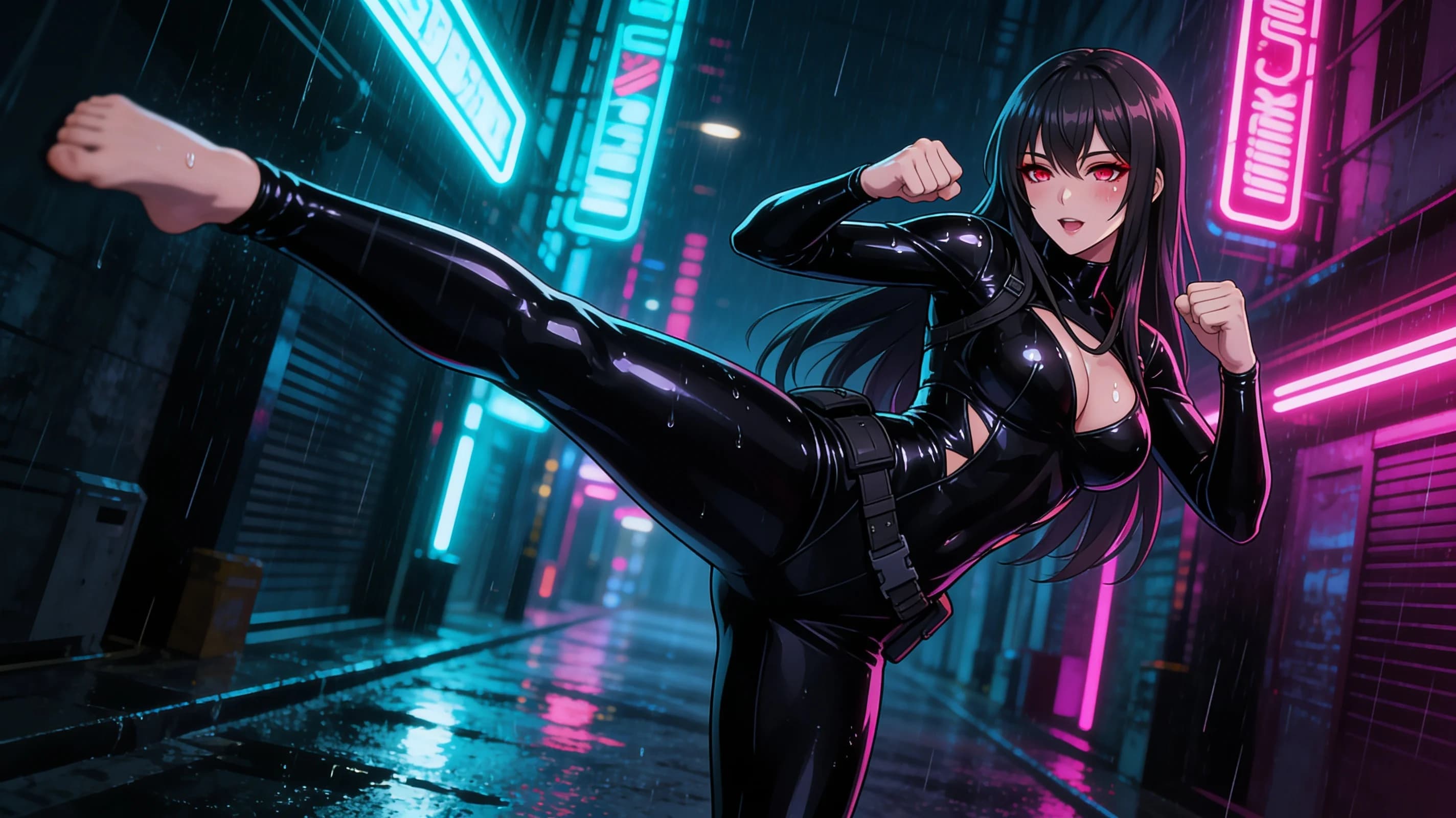 A 24-year-old Caucasian woman with skinny body type, straight black hair and piercing red eyes, wearing a tight glossy black latex suit that clings to her slender frame with deep neckline and high-cut legs, striking a dynamic fighting pose with one leg extended in a high kick and fists raised defensively, body arched with visible tension and skin sheen under dramatic neon lighting in a dark cyberpunk alley at night, medium full-body shot from a low angle POV, intense direct eye contact with seductive lust and fierce determination, lips parted, blush marks on cheeks, sweat drops on skin, anime style, high-quality illustration. Flawless anatomy, no extra digits, no extra limbs, detailed anime shading, high-quality illustration.