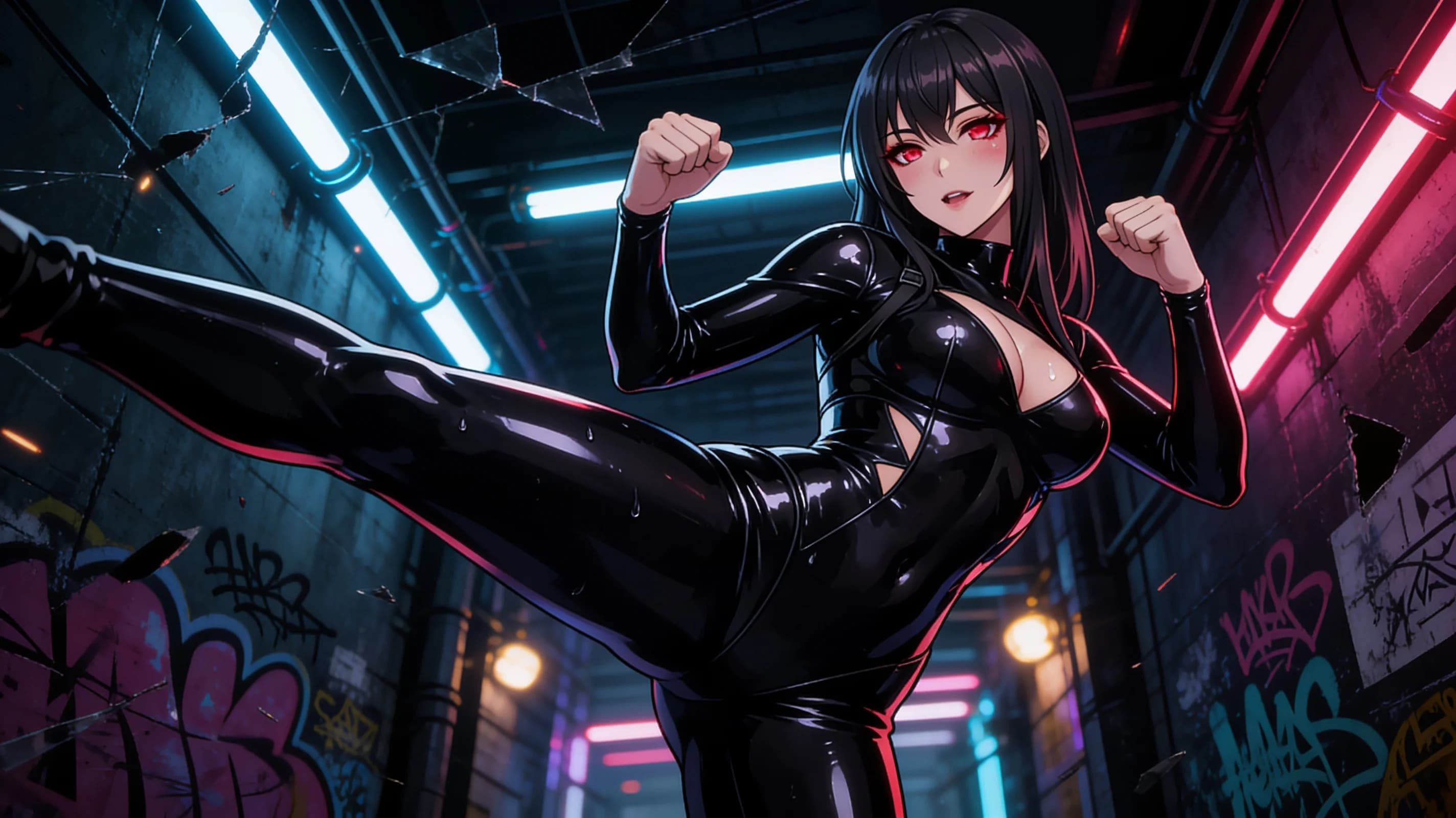 A 24-year-old Caucasian woman with skinny body type, straight black hair and piercing red eyes, wearing a tight glossy black latex suit that clings to her slender frame with deep neckline and high-cut legs, striking a dynamic fighting pose with one leg extended in a high kick and fists raised defensively, body arched with visible tension and skin sheen under dramatic neon lighting in a dark cyberpunk alley at night, medium full-body shot from a low angle POV, intense direct eye contact with seductive lust and fierce determination, lips parted, blush marks on cheeks, sweat drops on skin, anime style, high-quality illustration. Flawless anatomy, no extra digits, no extra limbs, detailed anime shading, high-quality illustration.