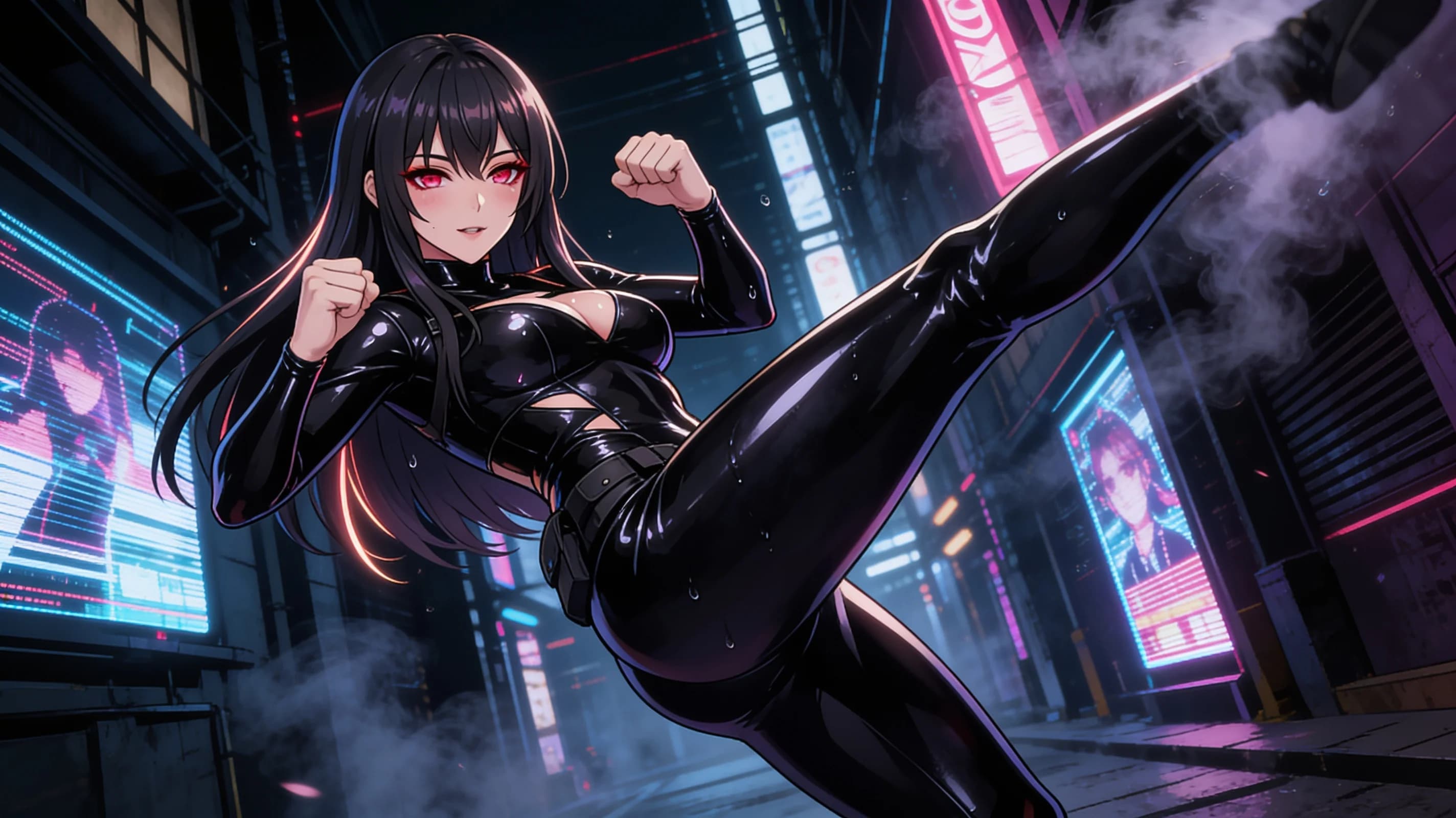 A 24-year-old Caucasian woman with skinny body type, straight black hair and piercing red eyes, wearing a tight glossy black latex suit that clings to her slender frame with deep neckline and high-cut legs, striking a dynamic fighting pose with one leg extended in a high kick and fists raised defensively, body arched with visible tension and skin sheen under dramatic neon lighting in a dark cyberpunk alley at night, medium full-body shot from a low angle POV, intense direct eye contact with seductive lust and fierce determination, lips parted, blush marks on cheeks, sweat drops on skin, anime style, high-quality illustration. Flawless anatomy, no extra digits, no extra limbs, detailed anime shading, high-quality illustration.