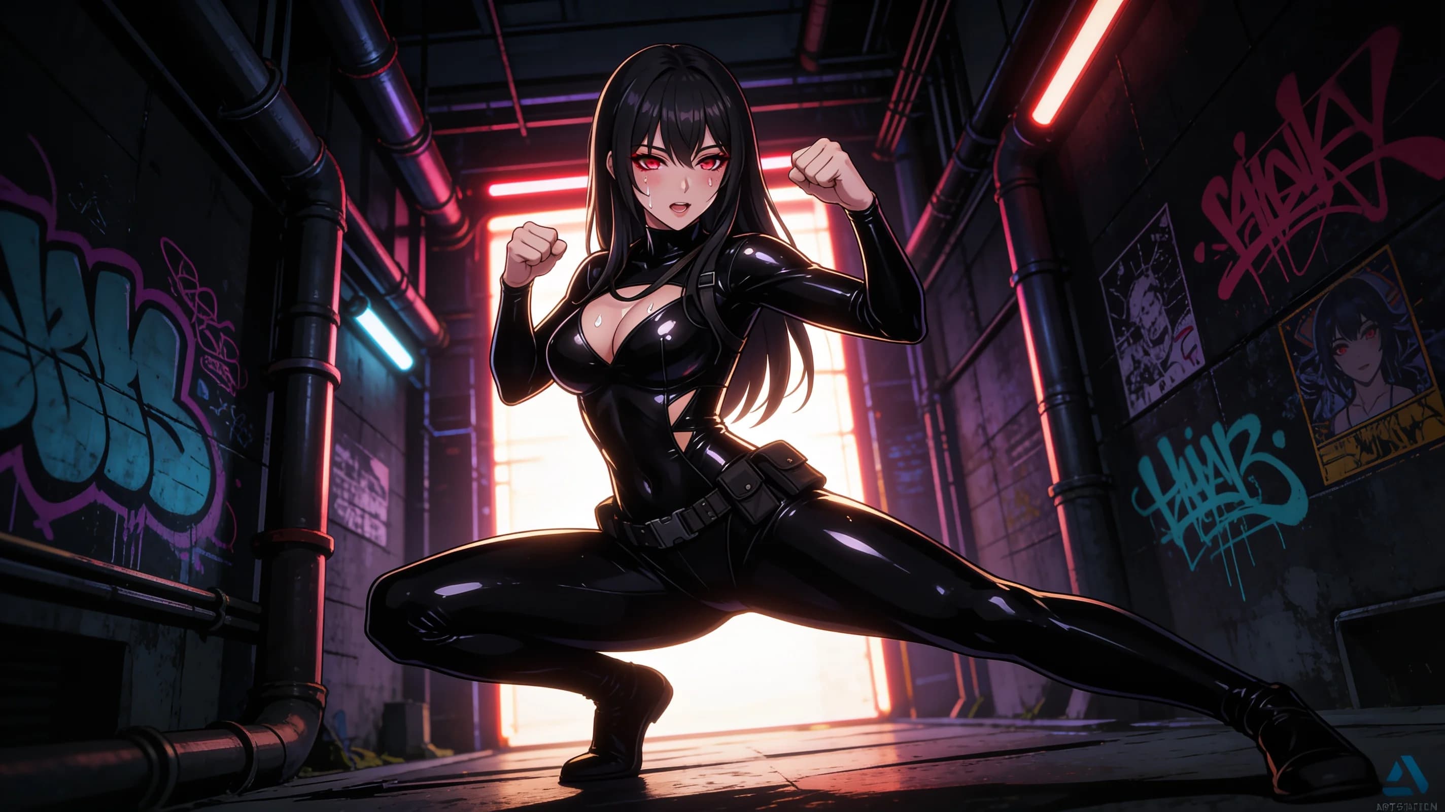 A 24-year-old Caucasian woman with skinny body type, straight black hair and piercing red eyes, wearing a tight glossy black latex suit that clings to her slender frame with deep neckline and high-cut legs, striking a dynamic fighting pose with one leg extended in a high kick and fists raised defensively, body arched with visible tension and skin sheen under dramatic neon lighting in a dark cyberpunk alley at night, medium full-body shot from a low angle POV, intense direct eye contact with seductive lust and fierce determination, lips parted, blush marks on cheeks, sweat drops on skin, anime style, high-quality illustration. Flawless anatomy, no extra digits, no extra limbs, detailed anime shading, high-quality illustration.
