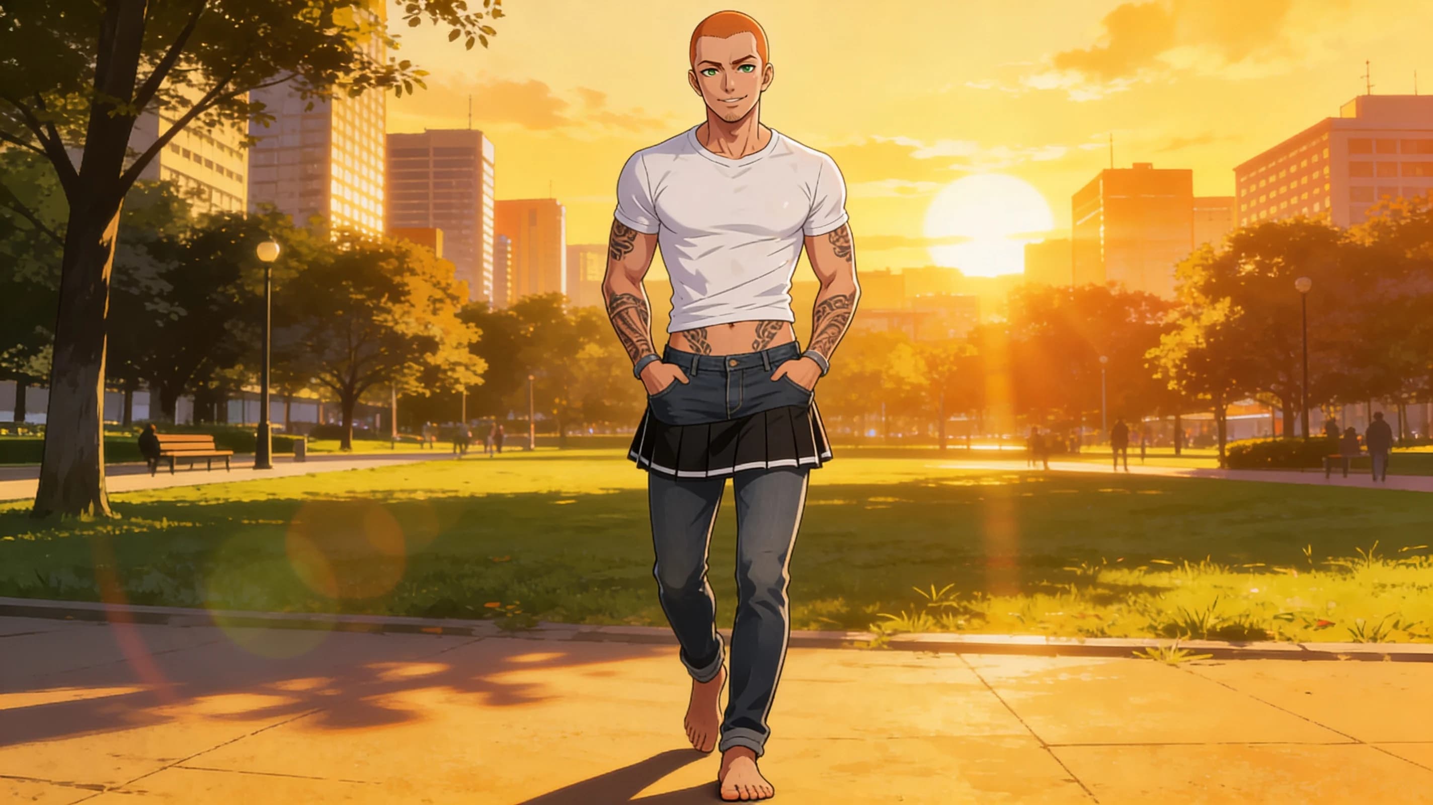 28-year-old slim Asian man with bald ginger head, green eyes, intricate tattoos across his toned arms and chest, trimmed pubic hair visible, casual portrait shot from a straight-on medium close-up camera angle with slight low-angle POV for emphasis, standing confidently in a vibrant urban park setting during golden hour sunset with warm atmospheric lighting casting soft shadows and lens flares, wearing a tight stylish white t-shirt hugging his slim torso with natural fabric folds and a pair of fitted slim jeans accentuating his lean legs and subtle bulge outline, short black tennis skirt playfully layered over the jeans for a quirky athletic twist with crop top elements integrated into the t-shirt hem exposing a sliver of tattooed midriff, dynamic relaxed pose with hands in pockets and one foot forward, body physics showing subtle muscle tension and natural skin sheen from light sweat, smiling warmly at the viewer with direct intense eye contact conveying playful confidence and lips slightly parted, blush marks on cheeks, anime style, high-quality illustration, flawless anatomy, no extra digits, no extra limbs, detailed anime shading, high-quality illustration.