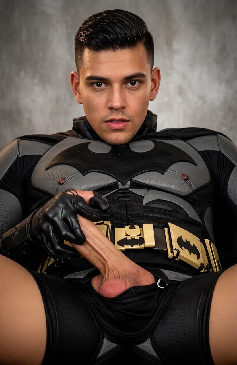 A 24-year-old Latino man with a muscular build, black slicked-back hair, and brown eyes, lying on his back in a dimly lit bedroom wearing the full Dark Knight Rises Batman batsuit with the chest armor and utility belt still on but the lower crotch section unzipped and pulled aside to expose his erect penis, one gloved hand gripping and stroking his thick veiny shaft with visible precum dripping from the tip, muscular thighs spread wide and tense, abs flexed, intense direct eye contact with lustful hunger and lips parted in pleasure, medium close-up from a low frontal angle POV, soft moody bedroom lighting casting shadows across his body, explicit anatomical detail of arousal with flushed skin sheen and sweat on his chest, nsfw, Flawless anatomy, no extra digits, no extra limbs, realistic skin texture, high-detail.