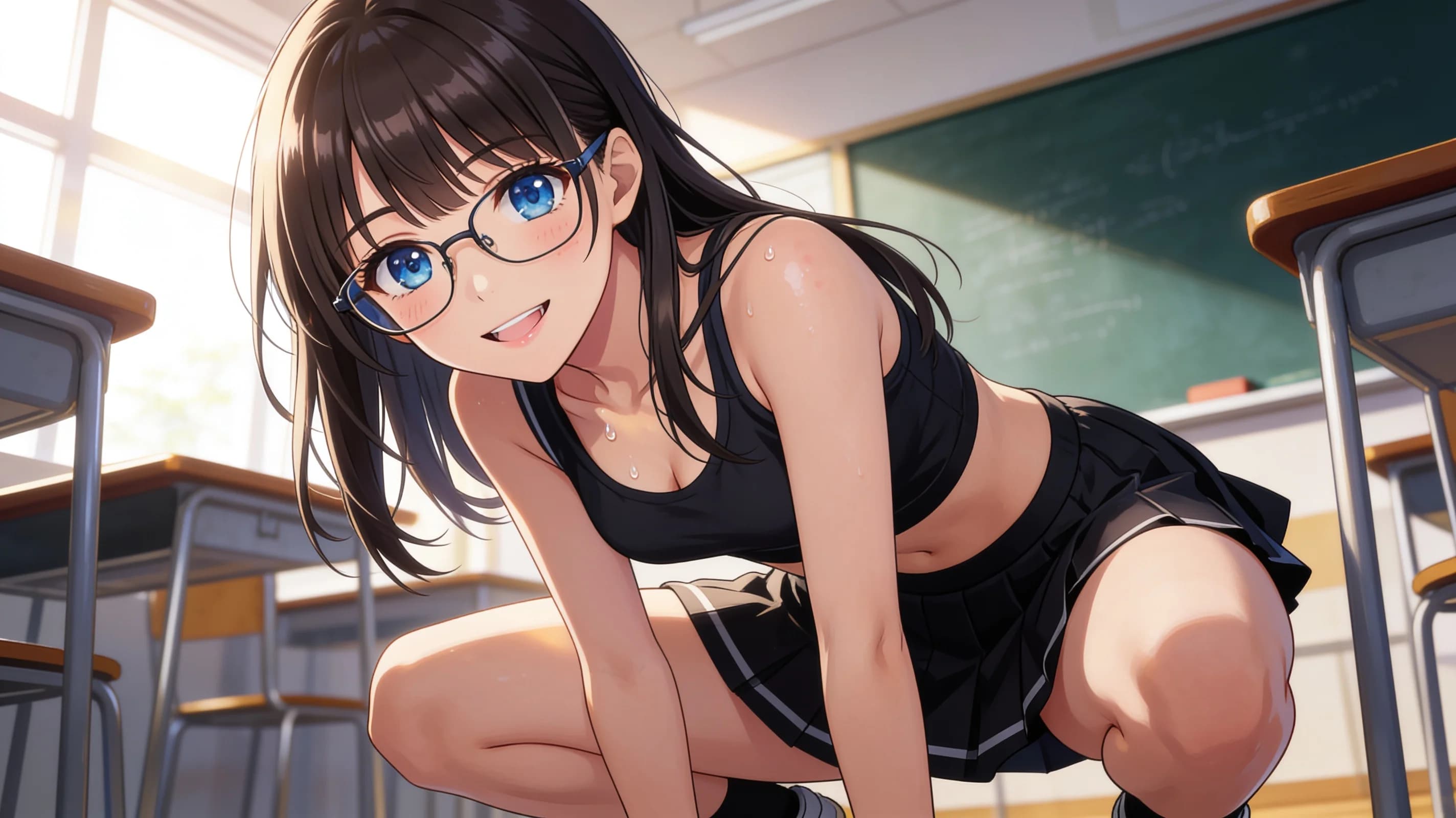 A 24-year-old Asian woman with brunette bangs, blue eyes, and a skinny athletic build, squatting in a dynamic athletic pose inside a sunlit classroom environment with desks and chalkboards in the background, wearing a short black tennis skirt with natural flowing folds and a fitted crop top shirt paired with stylish glasses, medium close-up portrait from a low angle POV emphasizing her athletic stance and body positioning, direct eye contact with the viewer accompanied by a warm genuine smile and parted lips, vibrant atmospheric lighting casting soft highlights across her skin with subtle sheen, light sweat drops on her forehead and collarbone, faint blush marks on her cheeks, anime style, high-quality illustration. Flawless anatomy, no extra digits, no extra limbs, detailed anime shading, high-quality illustration.