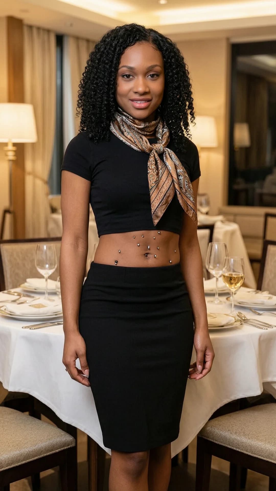 24-year-old muscular black woman with curly black hair, brown eyes and visible belly piercings, standing confidently in a full-body frontal camera angle at an upscale restaurant dining table, wearing a short black crop top shirt that reveals her toned midriff and piercings paired with an elegant knee-length black skirt and stylish scarf, direct eye contact with the viewer accompanied by a warm confident smile, elegant restaurant setting with soft ambient lighting and refined decor, body positioned with shoulders back and hips slightly angled to emphasize muscular physique, Flawless anatomy, no extra digits, no extra limbs, realistic skin texture, high-detail.