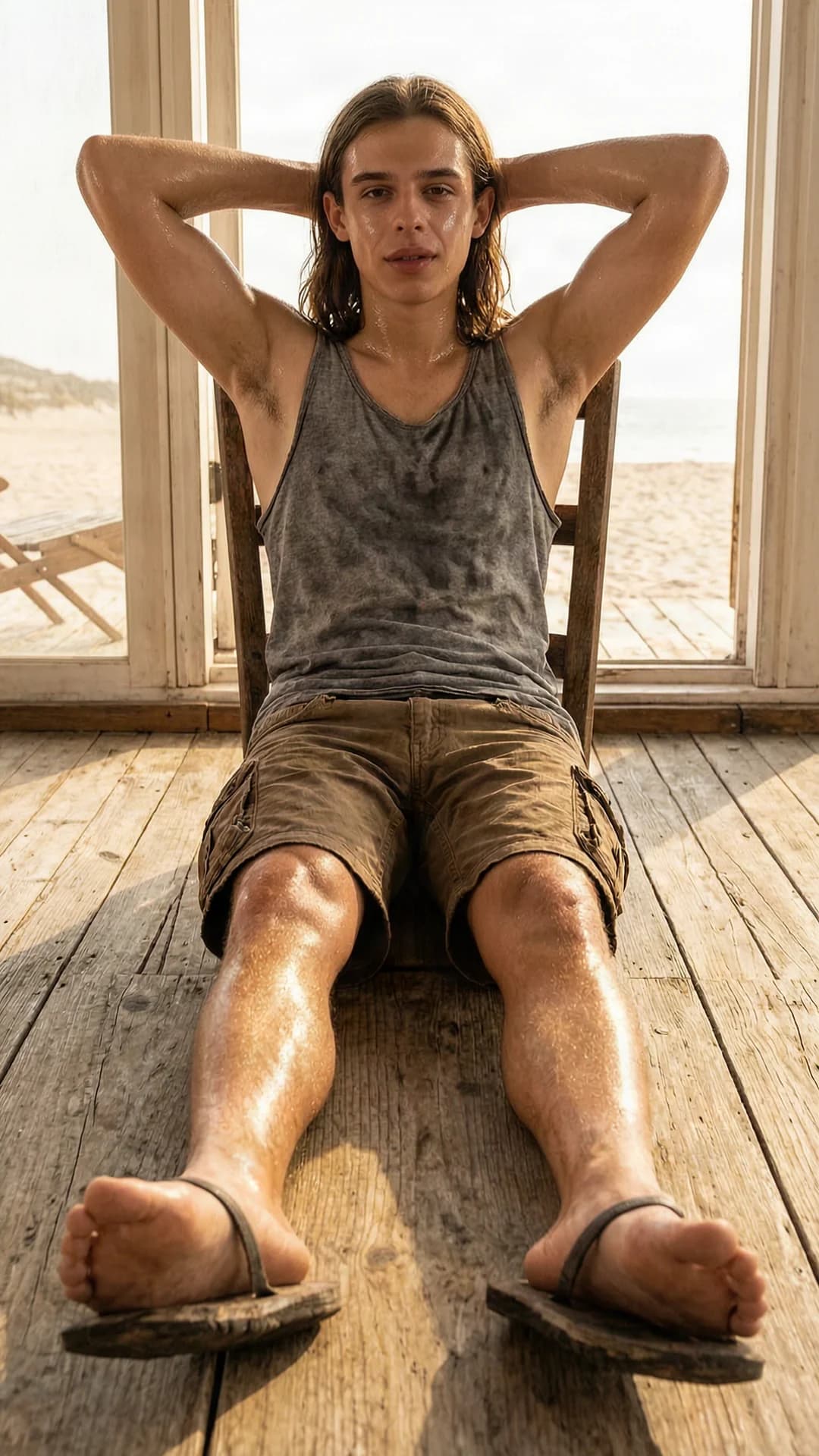 A 21-year-old Caucasian man with slim build, long brown hair, and brown eyes sits relaxed inside a sunlit beach cottage on a scorching summer day, wearing a torn grey tank top and worn-out brown shorts with endless pockets plus flip flops, arms raised behind his head with elbows flared wide, legs stretched forward and slightly apart to display sweaty feet, glistening sweat coating his skin with visible sheen on arms, chest, slim torso, sweaty legs and bare feet, skin texture damp and reflective under bright natural sunlight streaming through open windows, direct eye contact with casual relaxed expression and lips slightly parted, full body view including feet from a low frontal angle, cinematic lighting with warm golden highlights and soft shadows emphasizing body tension and sweat droplets, realistic style, Flawless anatomy, no extra digits, no extra limbs, realistic skin texture, high-detail.