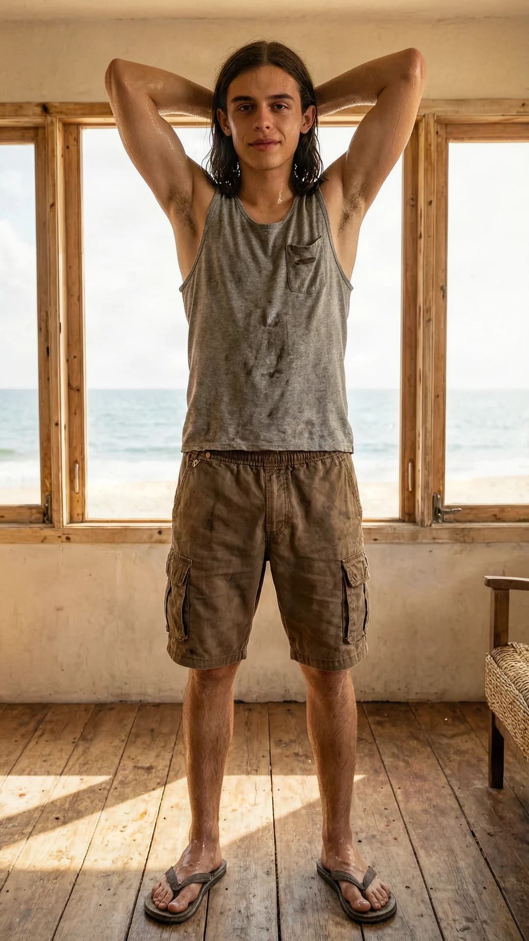 A 21-year-old Caucasian man with slim build, long brown hair, and brown eyes stands in a sunlit beach cottage interior on a scorching hot summer day, full body view from a slightly low front angle capturing his entire figure including sweaty feet, wearing worn-out brown shorts with endless pockets and a torn grey tank top with flip flops, arms raised behind his head in a relaxed stretch pose, skin glistening with heavy sweat on his legs, feet, and torso, direct eye contact with the viewer showing a tired yet content expression, realistic style, hot humid atmosphere with bright natural light streaming through windows, Flawless anatomy, no extra digits, no extra limbs, realistic skin texture, high-detail.