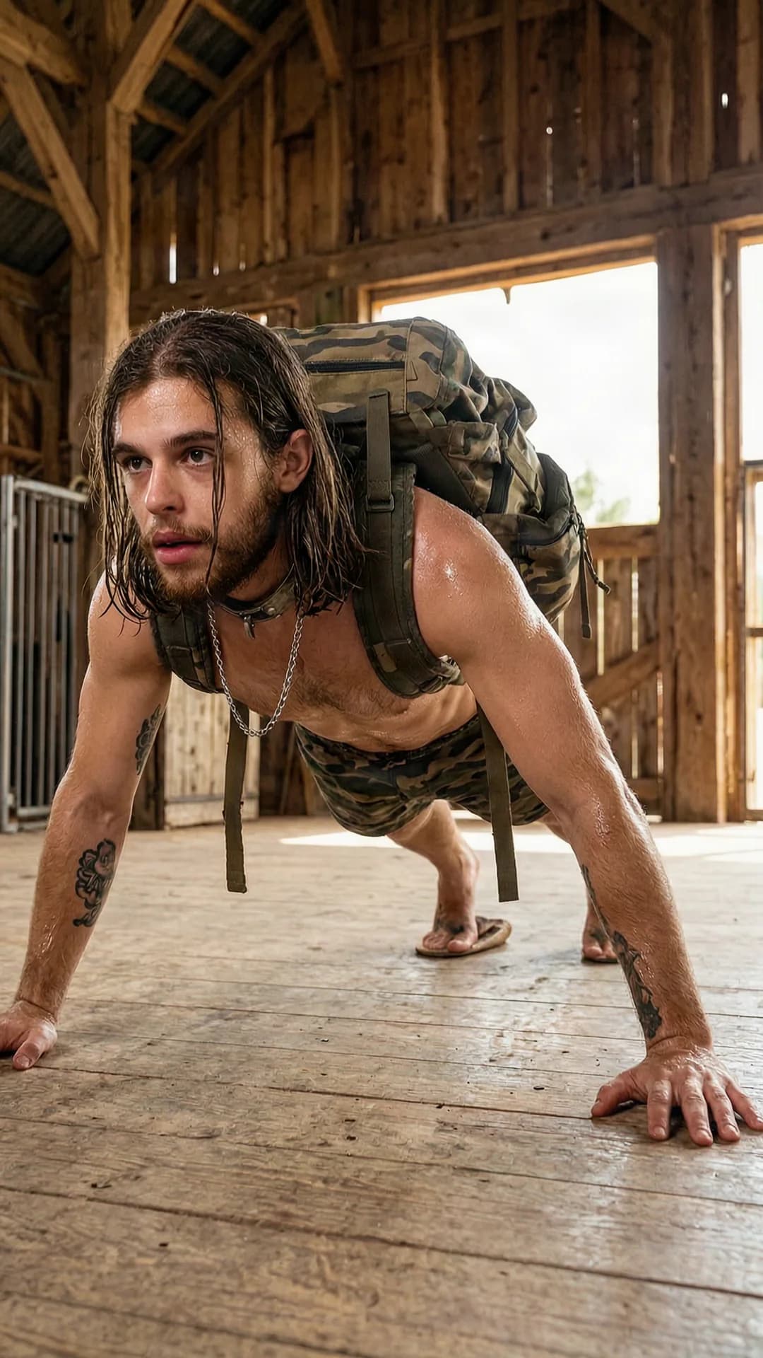 A 21-year-old Caucasian man with long brown hair, brown eyes, slim build, big beard and hairy body, wearing only camouflage briefs, flip flops and a metal collar with chain, shirtless and carrying a heavy backpack, is in the middle of doing pushups on the wooden floor inside a rustic barn on a hot summer day, his very long hair damp and clinging to his sweaty skin, arm tattoo and leg tattoo visible, body glistening with heavy sweat especially on his legs and feet, full body view including feet from a low-angle side POV capturing his entire stretched-out pushup pose with tense muscles and backpack straps digging into his shoulders, intense upward eye contact with focused exertion and parted lips, realistic style, Flawless anatomy, no extra digits, no extra limbs, realistic skin texture, high-detail.