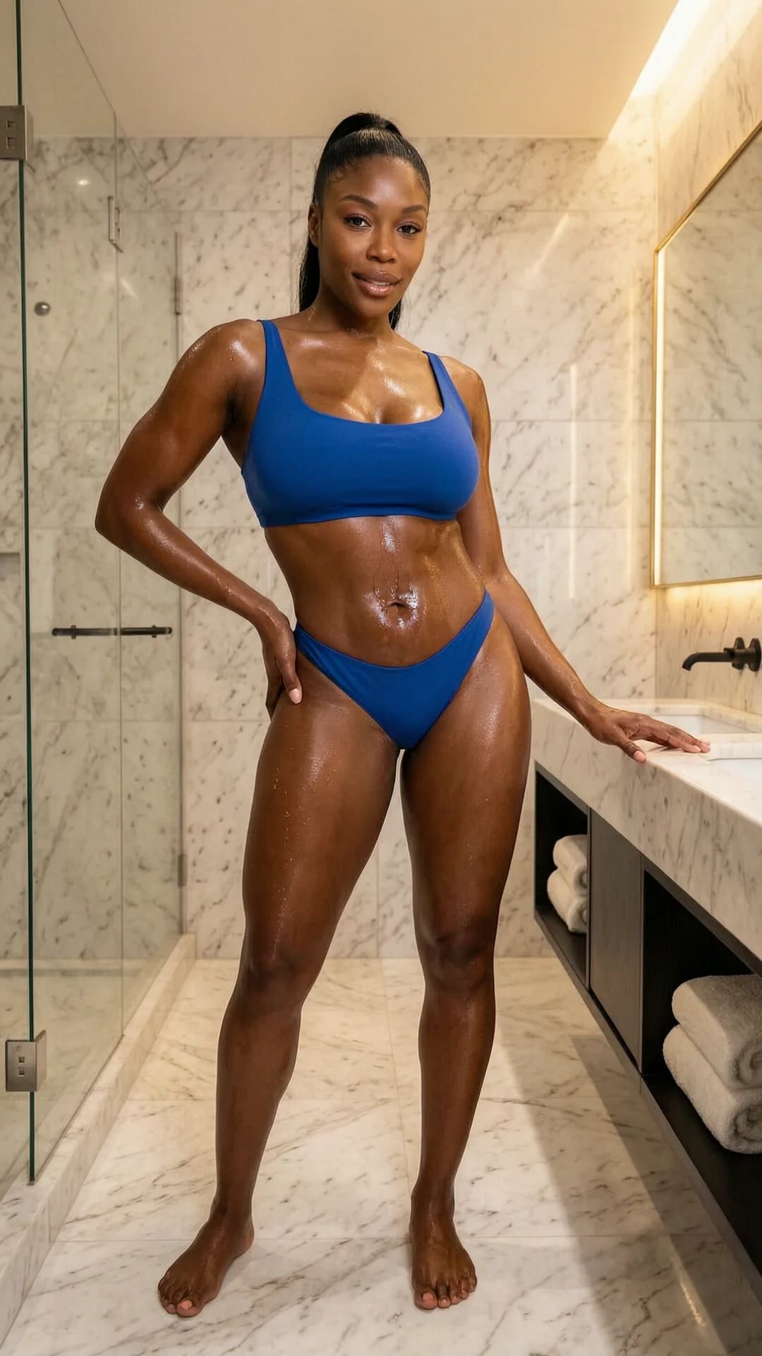 A 28-year-old muscular black woman with black hair in a tight ponytail and brown eyes, standing confidently in a sleek modern bathroom with white marble tiles and soft overhead lighting, wearing a tight blue bikini that accentuates her toned abs and powerful physique, feet planted shoulder-width apart with one hand resting on her hip and the other lightly touching the sink edge, full body frontal view from eye level with direct intense eye contact and a confident seductive smile, lips parted, realistic style, sweat-sheened skin glistening under warm bathroom lights, Flawless anatomy, no extra digits, no extra limbs, realistic skin texture, high-detail.