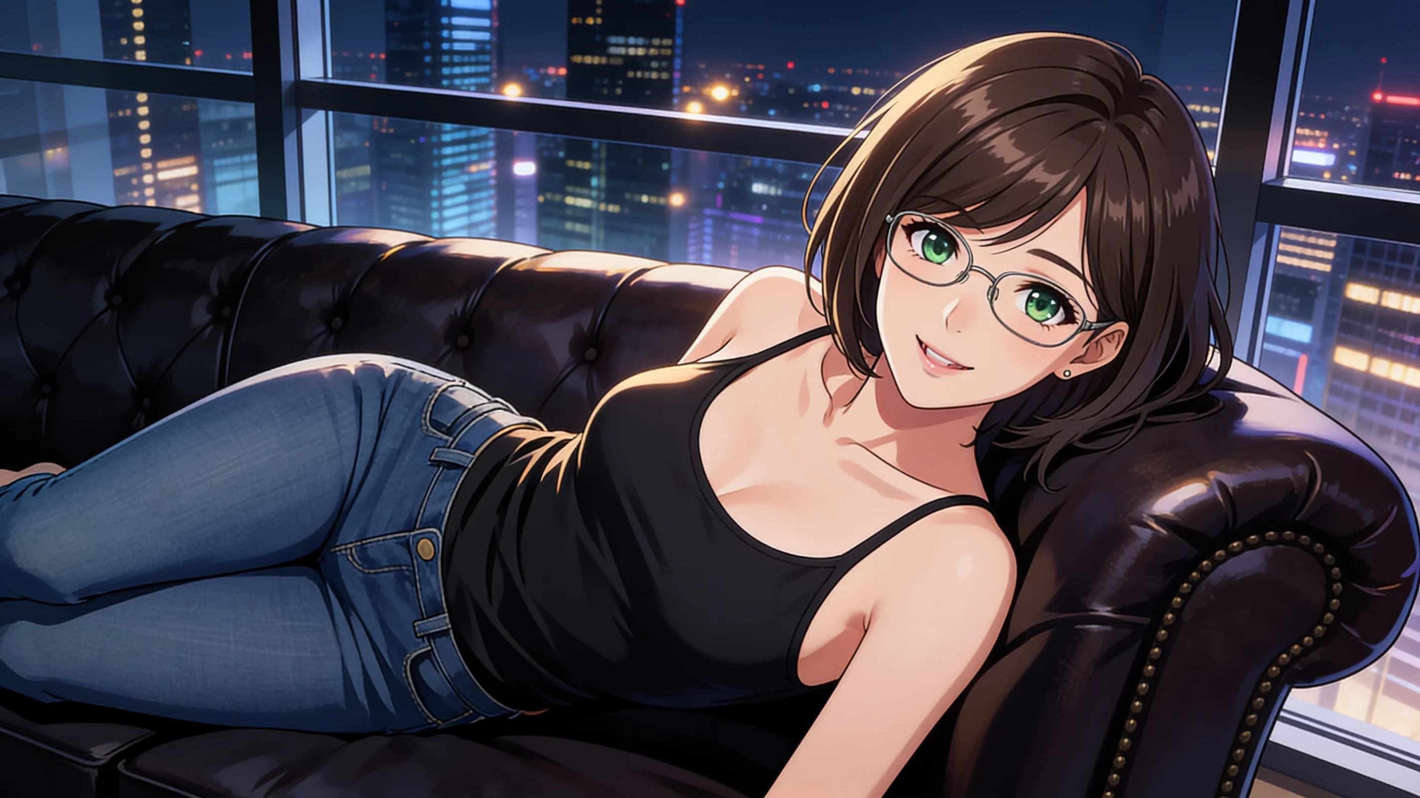 A 33-year-old Asian woman with skinny body type, short brunette hair, green eyes and glasses, lying seductively on a luxurious leather sofa in a modern high-rise apartment, wearing tight indigo skinny jeans and a black tank top that clings to her frame, body positioned on her side with one leg slightly bent, soft ambient city lights glowing through the large window behind her, direct eye contact with alluring smile and parted lips, medium close-up from a three-quarter side angle looking slightly downward, vibrant atmospheric lighting with gentle highlights on her clothing folds, anime style, high-quality illustration. Flawless anatomy, no extra digits, no extra limbs, detailed anime shading, high-quality illustration.