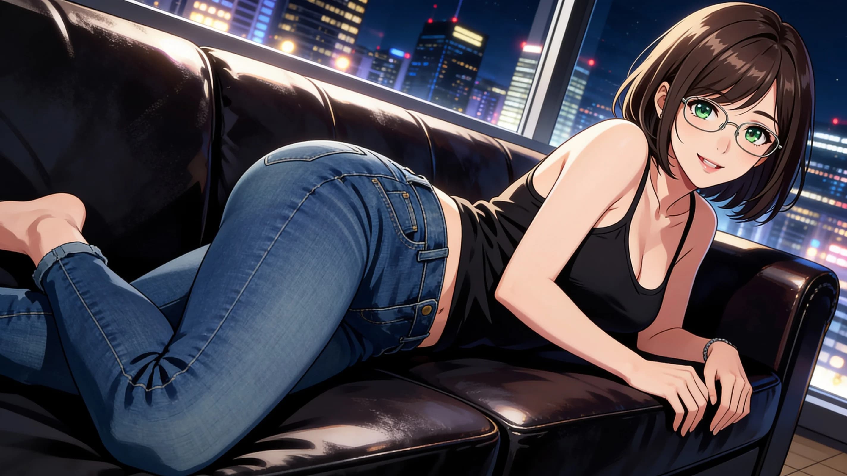A 33-year-old Asian woman with skinny body type, short brunette hair, green eyes and glasses, lying seductively on a luxurious leather sofa in a modern high-rise apartment, wearing tight indigo skinny jeans and a black tank top that clings to her frame, body positioned on her side with one leg slightly bent, soft ambient city lights glowing through the large window behind her, direct eye contact with alluring smile and parted lips, medium close-up from a three-quarter side angle looking slightly downward, vibrant atmospheric lighting with gentle highlights on her clothing folds, anime style, high-quality illustration. Flawless anatomy, no extra digits, no extra limbs, detailed anime shading, high-quality illustration.