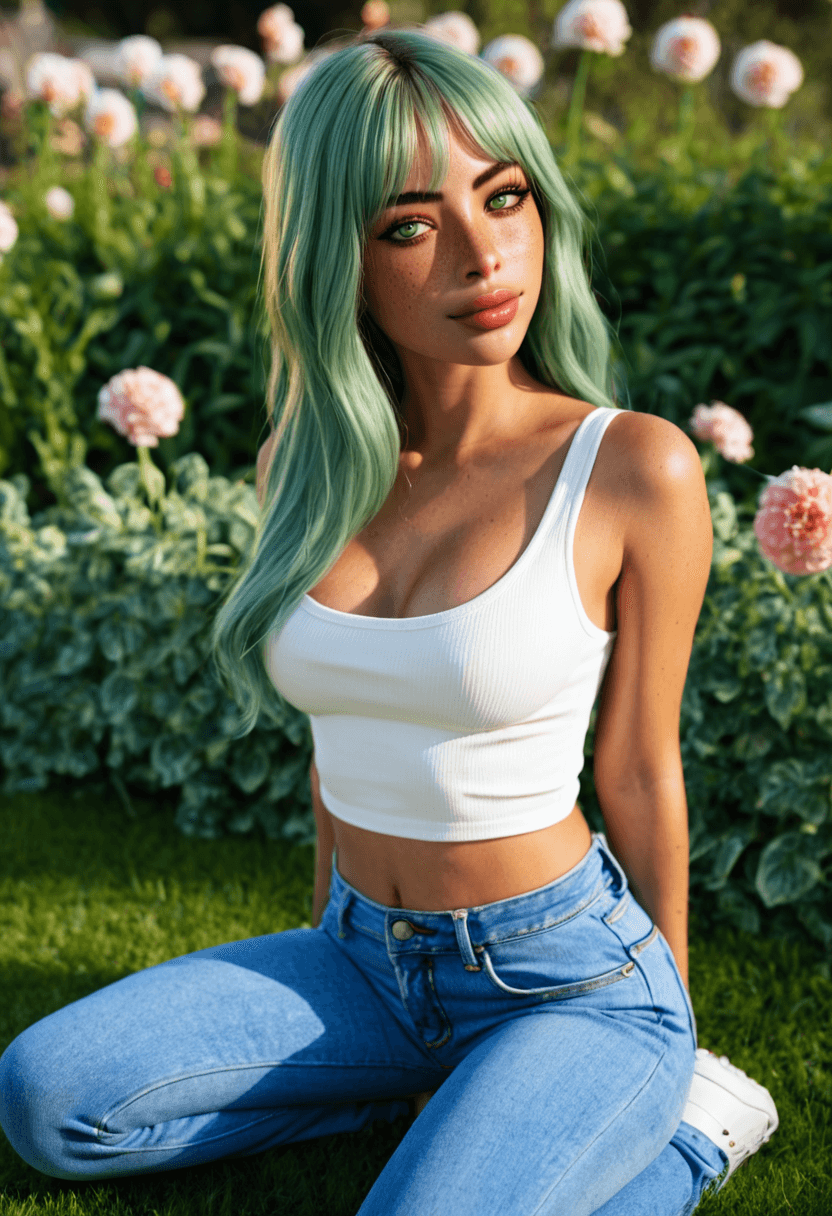 wearing fitted blue jeans, kneeling pose, elegant position, wearing trendy sunglasses, in a beautiful garden with flowers