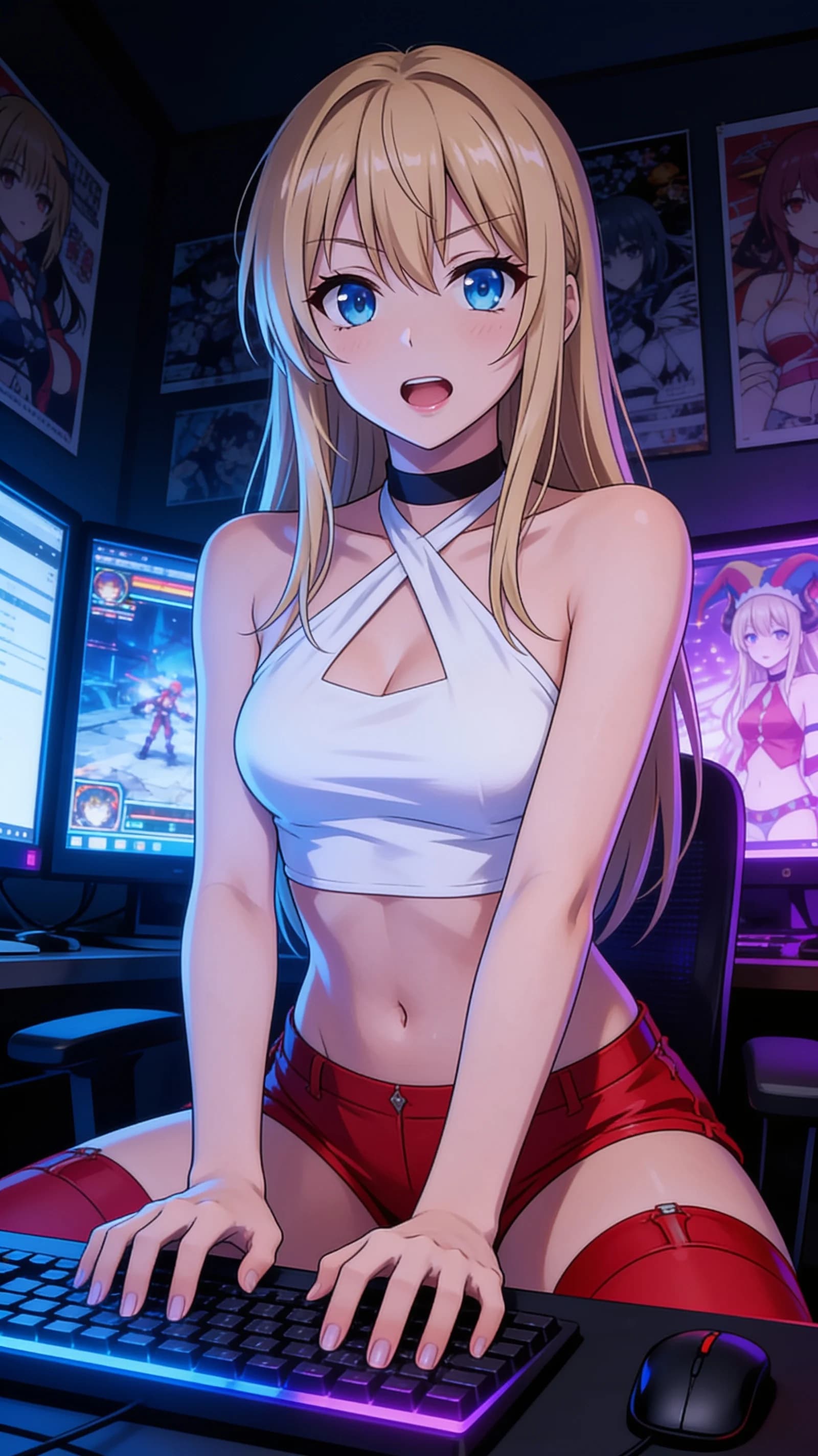 anime style, 2D cel-shaded anime illustration, anime key visual, flat cel shading, clean bold line art, vibrant saturated colors, large detailed expressive anime eyes with crisp catchlights, flat 2D rendering, not photorealistic, not 3D render, 21-year-old caucasian woman with blonde bangs, blue eyes, skinny body type, wearing a white halter top and red booty shorts, sitting in a dark otaku computer room filled with anime posters and glowing monitors, playing a hentai game on her screen, waist-up vertical 9:16 portrait composition centered in frame, medium close-up front angle slightly above eye level, soft moody low-key blue and purple monitor glow lighting casting highlights on her skin and clothing, intense direct eye contact with the viewer showing aroused concentration and parted lips, hands resting on keyboard and mouse, detailed anime cel shading, crisp clean linework, correct anatomy, hands cleanly drawn with five fingers, studio-quality anime key visual; avoid: photorealistic, 3D render, extra fingers, deformed hands, blurry, low detail.