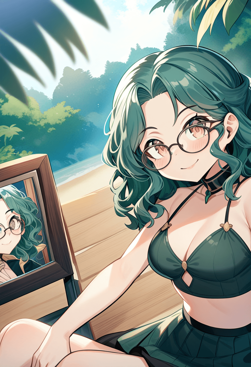Wearing short black tennis skirt and a crop top shirt, portrait picture, looking at the viewer with a smile, wearing a stylish bikini on the beach, sitting casually, relaxed pose, dining at an elegant restaurant, wearing stylish glasses, in a lush green forest