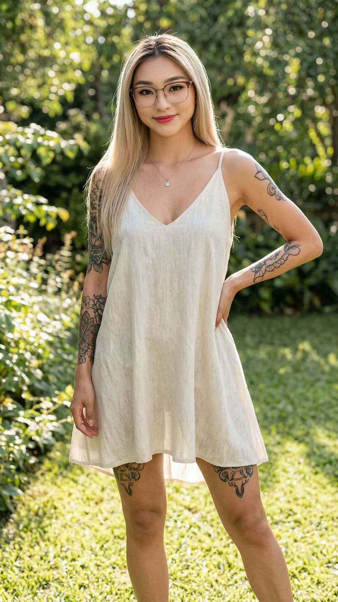 A 24-year-old Asian woman with fit body type, straight blonde hair, brown eyes, standing confidently in a full body frontal shot at eye level, wearing a light flowy summer dress that drapes elegantly over her toned frame, artistic tattoos visible on her arms and legs, elegant necklace resting on her collarbone, stylish glasses framing her face, direct confident eye contact with a poised slight smile, bright sunlit outdoor garden setting with soft natural lighting highlighting fabric movement and skin texture, relaxed yet powerful body positioning with shoulders back and one hand on hip, realistic style, Flawless anatomy, no extra digits, no extra limbs, realistic skin texture, high-detail.