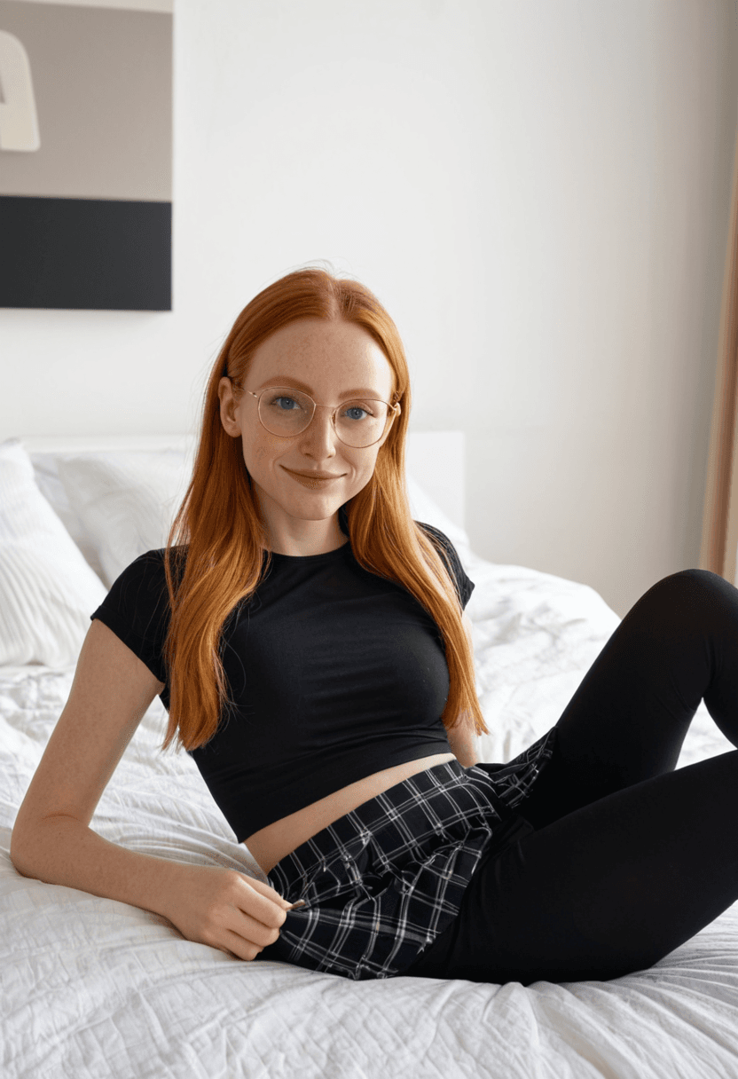 Black leggings, pleated skirt, white socks, laying on front, laying on bed, smiling