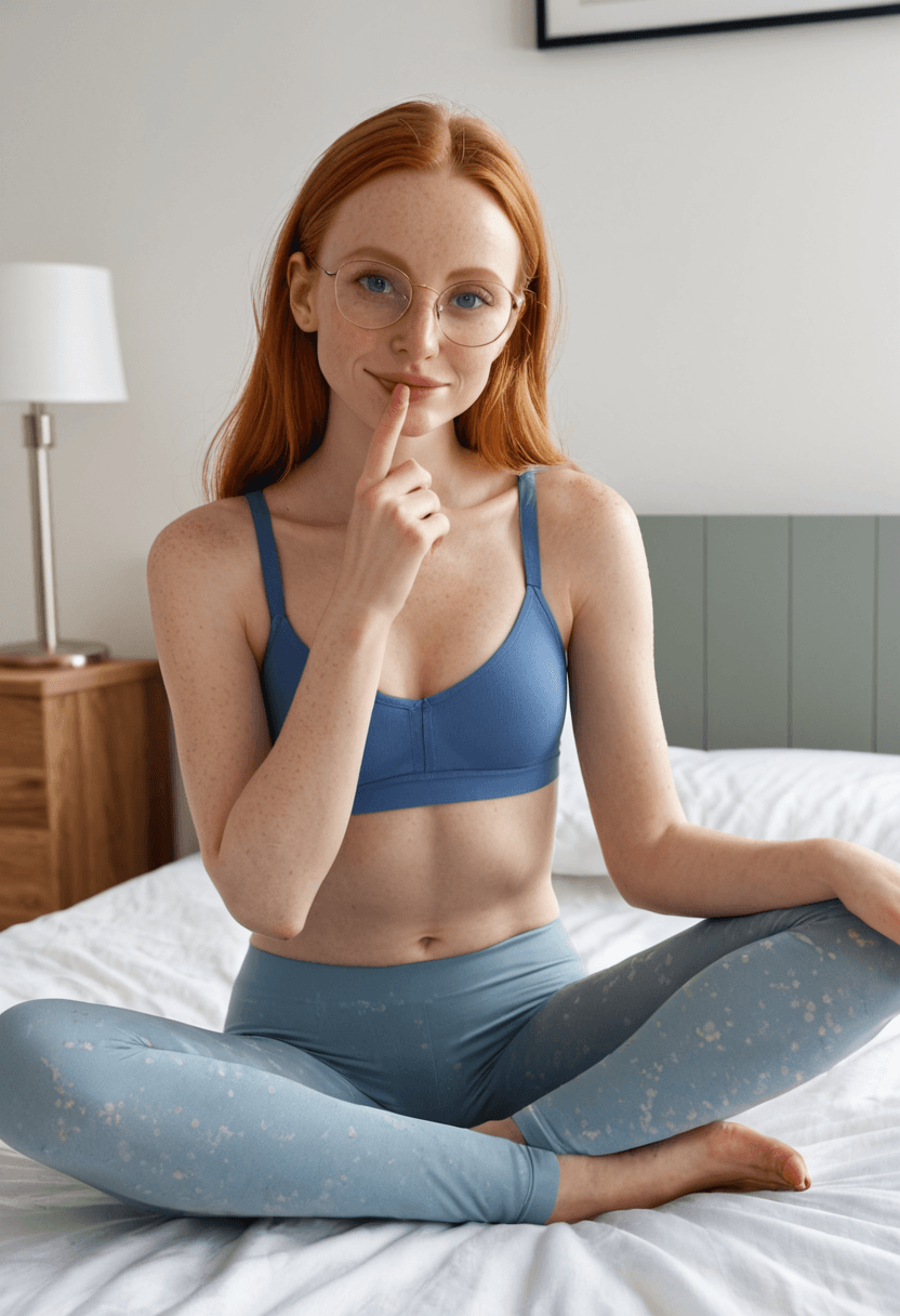 27-year-old caucasian woman, skinny body type, flat breasts, small butt, freckles, glasses, wearing tight lycra leggings, sports bra with semen stains on clothes, full body view, sitting on bed in bedroom setting, suggestive eyes, sucking a finger, realistic style, highly detailed, photorealistic, cyberrealistic