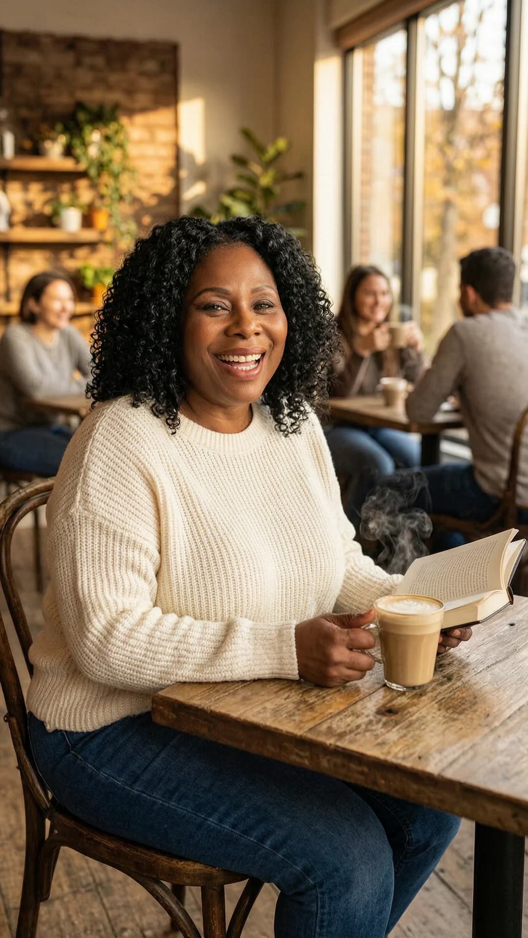 48-year-old black woman with chubby body type, curly black hair and green eyes, wearing fitted blue jeans and a cozy oversized cream sweater, sitting relaxed at a wooden table in a trendy coffee shop while holding an open book in one hand and a steaming latte in the other, natural sunlight streaming through large windows casting warm autumnal highlights across her skin and the cozy interior with rustic decor and scattered patrons in soft focus, genuine laughing expression with eyes crinkled in joy and mouth open mid-laugh, comfortable and approachable vibe, medium close-up three-quarter angle from slightly above at eye level with warm direct eye contact toward viewer conveying friendly amusement, casual lifestyle photography style, soft golden hour lighting, warm autumn color palette, Flawless anatomy, no extra digits, no extra limbs, realistic skin texture, high-detail.