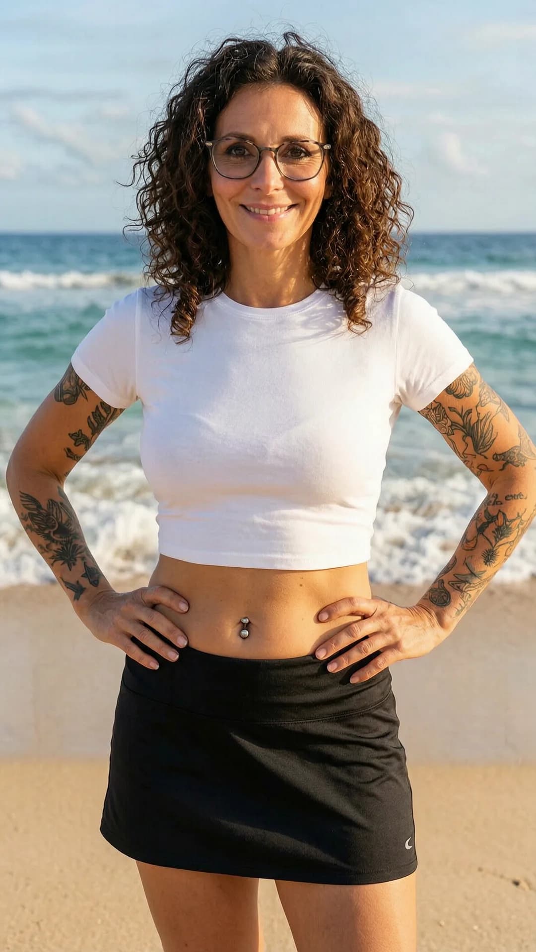 A 41-year-old Caucasian woman with curly brunette hair, brown eyes, average body type, wearing stylish glasses, visible tattoos on her arms and a shiny belly piercing, dressed in a short black tennis skirt and a tight white crop top shirt that exposes her midriff, standing on a sunny tropical beach with ocean waves and sand in the background, medium close-up portrait from eye level with direct warm smile and friendly eye contact toward the viewer, relaxed upright pose with hands lightly on hips, soft natural sunlight casting gentle shadows across her skin, realistic photographic style, Flawless anatomy, no extra digits, no extra limbs, realistic skin texture, high-detail.
