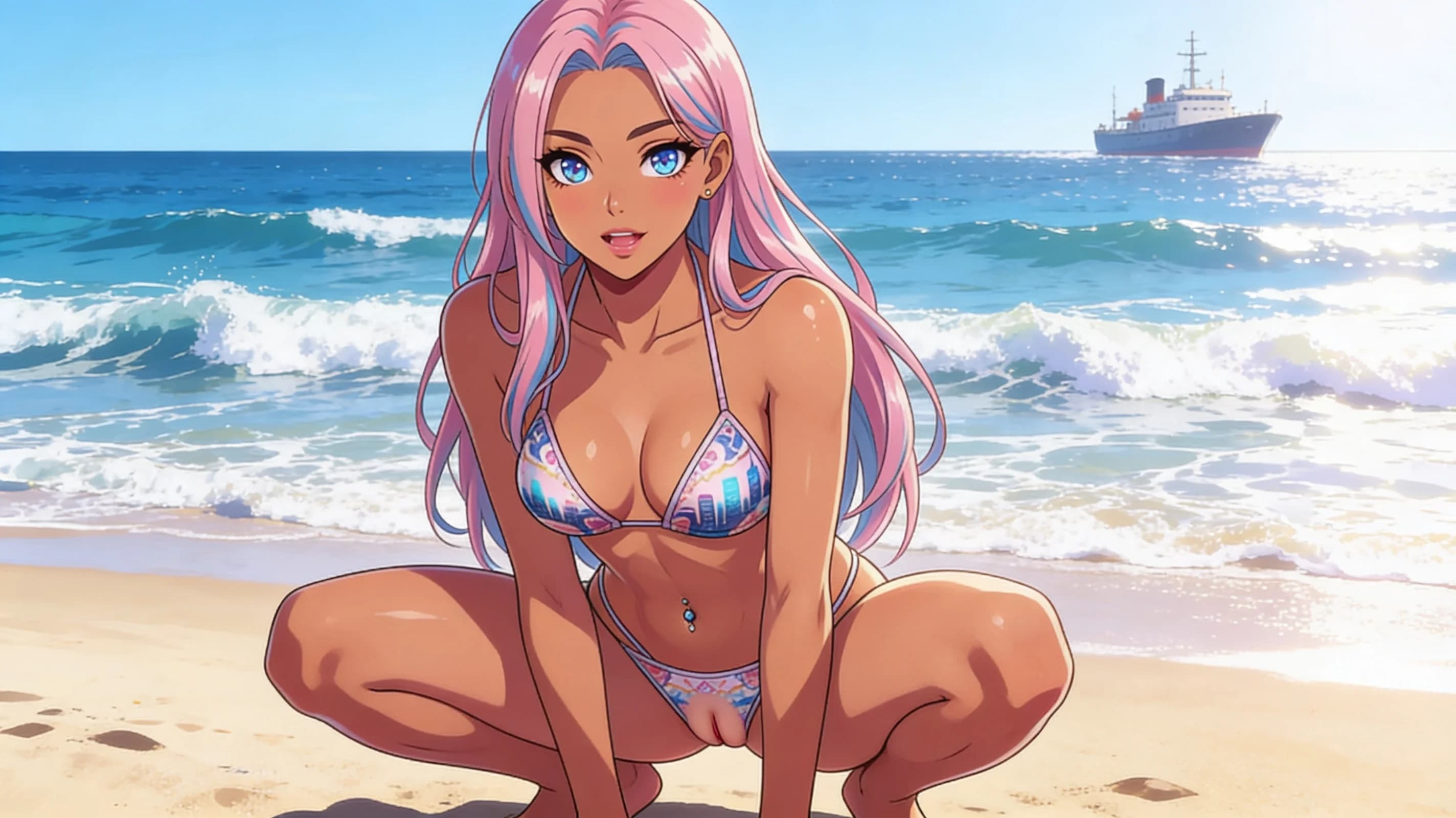 21-year-old Latina woman with long pink hair, blue eyes, fit body type and belly piercings, wearing a stylish bikini with an elegant necklace, artistic tattoos and a fashionable choker, squatting in an athletic pose while tanning on a sunny beach with ocean waves, full body shot from a low front angle, relaxed yet confident body positioning with skin sheen from sunlight, soft blush marks on cheeks, direct intense eye contact with confident seductive expression and lips parted, vibrant atmospheric lighting, anime style, high-quality illustration. Flawless anatomy, no extra digits, no extra limbs, detailed anime shading, high-quality illustration.