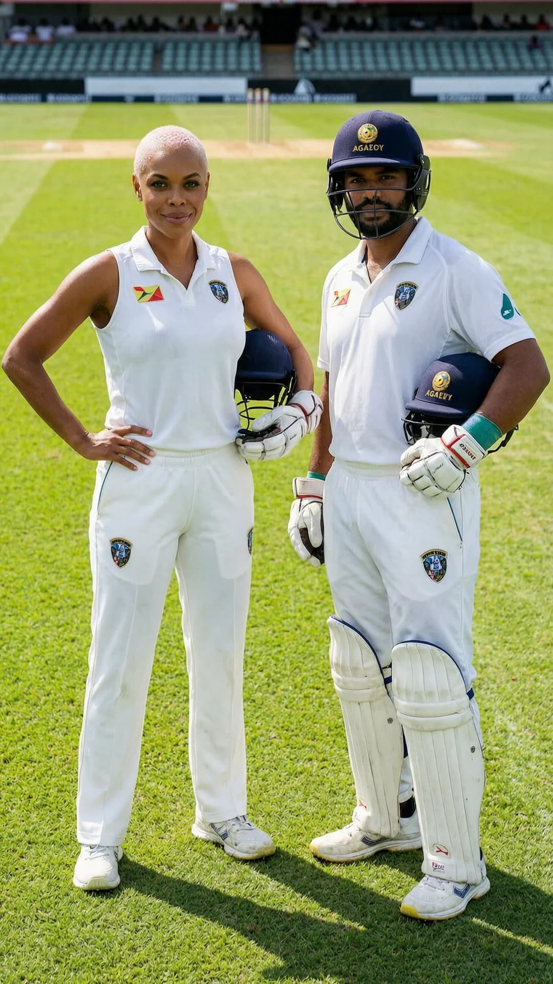 35-year-old black woman with short pink hair, green eyes, muscular build, standing on a sunlit cricket pitch next to Michael Acevedo, both wearing full white cricket kits with pads, gloves and helmets tucked under arms, her athletic body positioned in a relaxed stance with one hand on hip, direct eye contact with viewer showing confident pride and slight smile, medium close-up from eye-level front angle, lush green grass field stretching into the background with distant wickets and stands under bright daylight, sweat sheen on toned skin, realistic fabric textures on uniforms, Flawless anatomy, no extra digits, no extra limbs, realistic skin texture, high-detail.