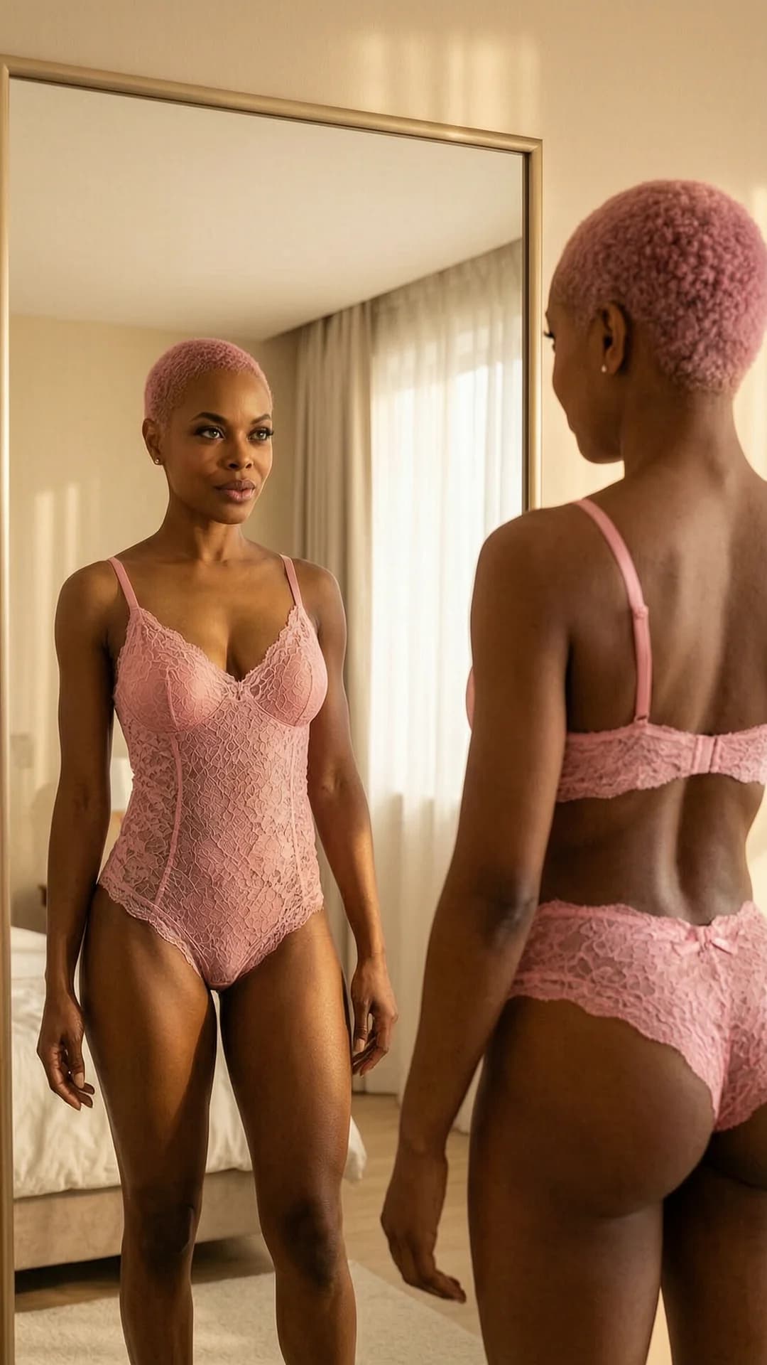 A 35-year-old black woman with short pink hair, green eyes, and a muscular body type stands confidently in a softly lit modern bedroom wearing delicate pink lace lingerie that clings to her toned physique, positioned directly in front of a full-length mirror with a three-quarter rear side angle POV that captures both her back and her reflection, intense direct eye contact with her own reflection conveying seductive self-assurance and lips parted slightly, muscular shoulders squared, defined abs and powerful thighs highlighted by the lingerie fabric, short pink hair tousled naturally, warm golden bedroom lighting casting gentle shadows across her skin, body weight shifted to one hip to emphasize curves and muscle definition. Flawless anatomy, no extra digits, no extra limbs, realistic skin texture, high-detail.