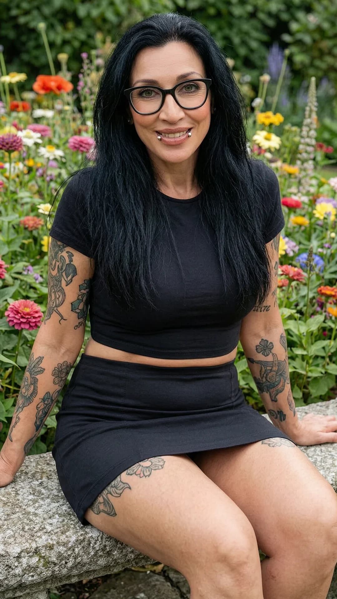42-year-old Caucasian woman with long black hair, green eyes, chubby body type, wearing stylish glasses, short black tennis skirt and tight crop top shirt, artistic tattoos visible across her arms and thighs, nipple piercings pressing visibly through the fabric, sitting casually with relaxed pose and legs slightly parted in a beautiful garden filled with colorful flowers, direct eye contact with the viewer and a warm genuine smile, soft natural daylight with gentle shadows, medium close-up portrait from front angle emphasizing her seated body positioning and natural curves, serene relaxed mood, flawless anatomy, no extra digits, no extra limbs, realistic skin texture, high-detail.