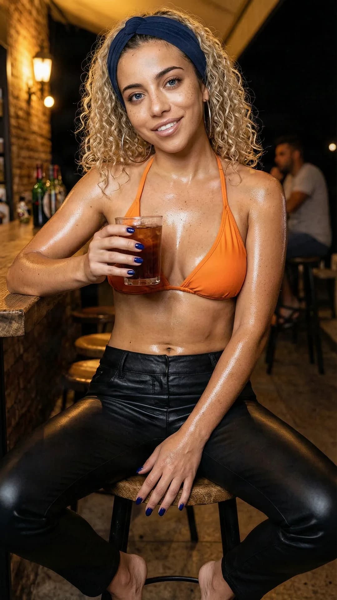 A 28-year-old Latina woman with a fit body, curly blonde hair held back by a dark blue hairband, piercing blue eyes, freckles, and a visible belly piercing, sitting alone at an outside bar on a hot dark evening, wearing tight-fitting black leather trousers and an orange sporty bikini top, skin glistening with sweat, relaxed and happy expression, large hoop earrings, dark indigo blue painted fingernails, one hand holding a drink while the other rests on her crotch, legs spread wide open, direct eye contact with the viewer conveying relaxed happiness and parted lips, medium close-up from a frontal slightly low angle, warm bar lighting casting soft shadows, Flawless anatomy, no extra digits, no extra limbs, realistic skin texture, high-detail.