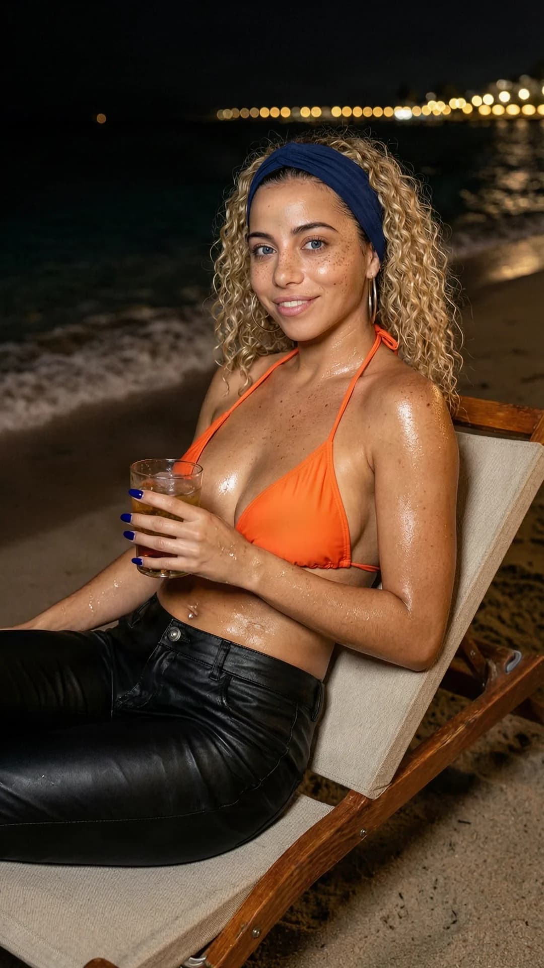 A 28-year-old Latina woman with a fit toned body, blonde curly hair held back by a dark blue hairband, piercing blue eyes, freckles across her cheeks and shoulders, belly piercings glinting, wearing large hoop earrings and dark indigo blue painted fingernails, sits relaxed on a beach chair at the water's edge on a hot dark evening, wearing tight-fitting black leather trousers that cling to her thighs and an orange sporty bikini top that accentuates her cleavage, holding a cold drink in one hand with her other arm resting casually on the chair arm, skin glistening with sweat and a light sheen from the humid night air, curly hair slightly tousled, looking directly at the viewer with a relaxed happy smile and soft eye contact conveying contentment, medium close-up from a slight three-quarter side angle capturing her full upper body pose against the dark ocean waves and distant horizon lights, cinematic moody lighting with warm ambient glow highlighting sweat droplets on her skin and the texture of the leather trousers, flawless anatomy, no extra digits, no extra limbs, realistic skin texture, high-detail.