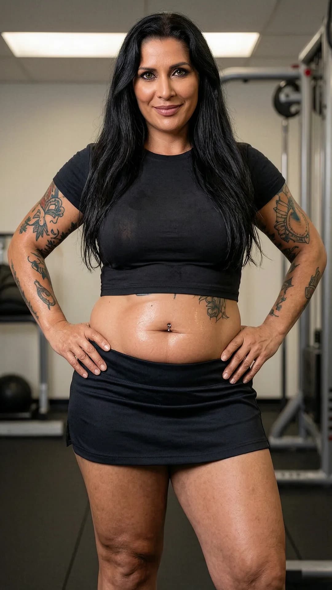 45-year-old Latina woman with chubby body type, long black hair cascading over her shoulders, striking green eyes, intricate tattoos visible on her arms and torso, nipple piercings subtly outlined through thin fabric and belly piercings glinting on her soft curvy belly, wearing a short black tennis skirt hugging her wide hips and thick thighs with the hem riding high to accentuate her voluptuous lower body and a tight crop top shirt clinging to her full heavy breasts showing natural sag and subtle jiggle with piercing outlines, portrait medium close-up from straight-on eye-level POV, standing confidently with shoulders back, chest thrust forward, and hands planted firmly on her wide hips to emphasize her soft protruding belly and powerful thighs, body physics displaying realistic breast heft with gentle downward pull and side-to-side sway under the taut fabric, smooth realistic skin with subtle sheen of perspiration highlighting her curves, in an indoor gym setting with soft overhead lighting casting gentle shadows across her voluptuous form and highlighting muscle tension in her core and thighs, smiling warmly at the viewer with direct intense eye contact and parted lips conveying playful seduction and flirty invitation, mood flirty and inviting, realistic style, Flawless anatomy, no extra digits, no extra limbs, realistic skin texture, high-detail.