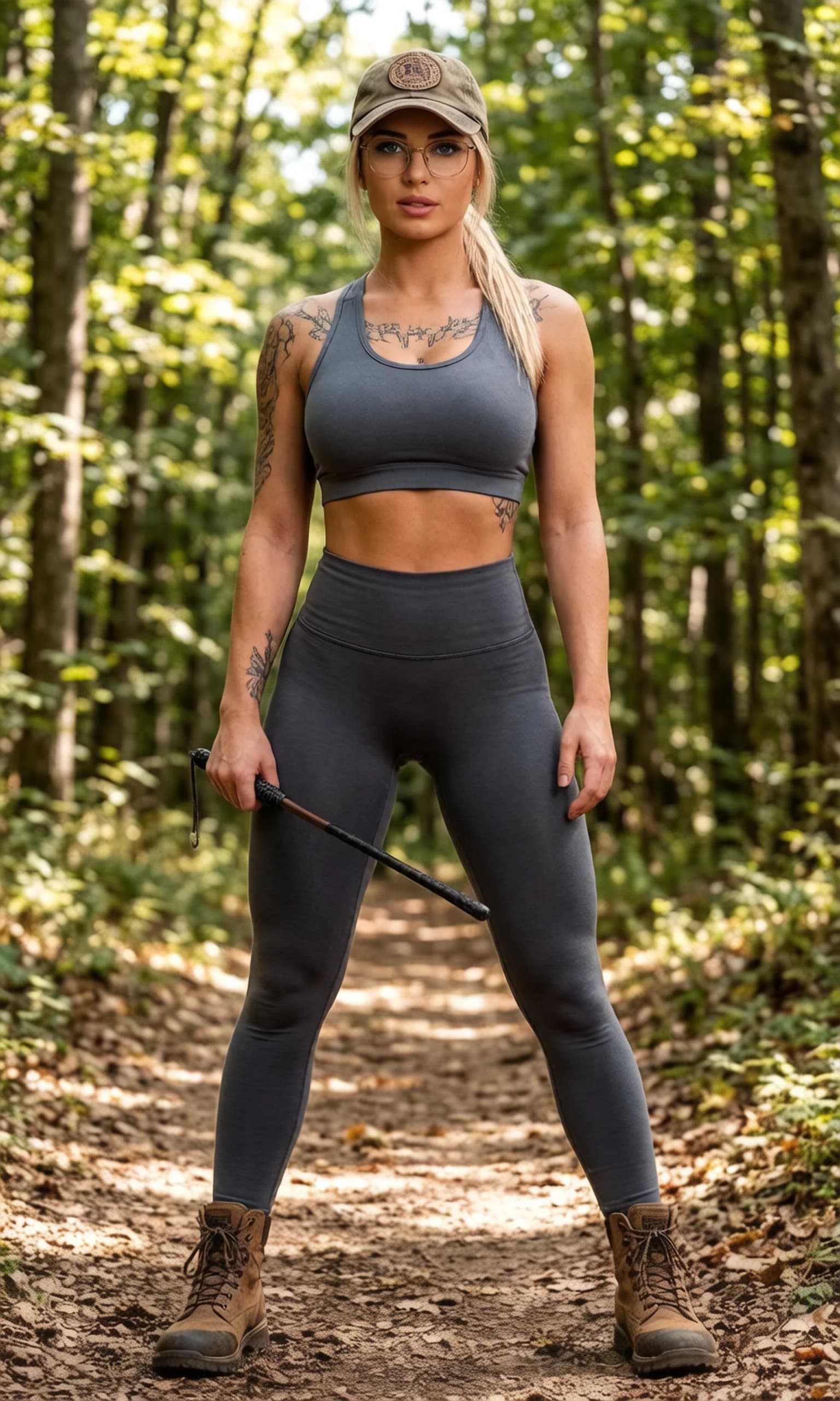 24-year-old blonde Caucasian woman with blue eyes, fit athletic body, ponytail hairstyle, wearing glasses, visible tattoos across her skin and nipple piercings pressing visibly through fabric, dressed in a tight sports bra and form-fitting leggings, hiking boots, military cap, gripping a riding crop in one hand, standing in a dominant pose with legs apart on a forest trail, full-body frontal view from slightly low angle, intense direct eye contact with commanding confidence and parted lips, natural daylight with soft shadows highlighting muscle tone and clothing stretch, realistic style, Flawless anatomy, no extra digits, no extra limbs, realistic skin texture, high-detail.