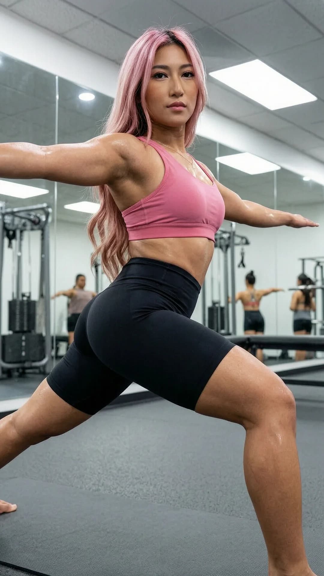 A 21-year-old Asian woman with long pink hair, brown eyes and a fit toned body wearing tight black yoga shorts and a pink sports bra, captured in a medium close-up from a low three-quarter side angle while holding a deep warrior II yoga pose on a gym mat with mirrors and equipment visible in the background, bright overhead gym lighting highlighting muscle tension and light sweat sheen across her skin, hips squared and arms extended with precise body alignment, intense direct eye contact with the viewer conveying focused determination and subtle allure, lips parted, Flawless anatomy, no extra digits, no extra limbs, realistic skin texture, high-detail.