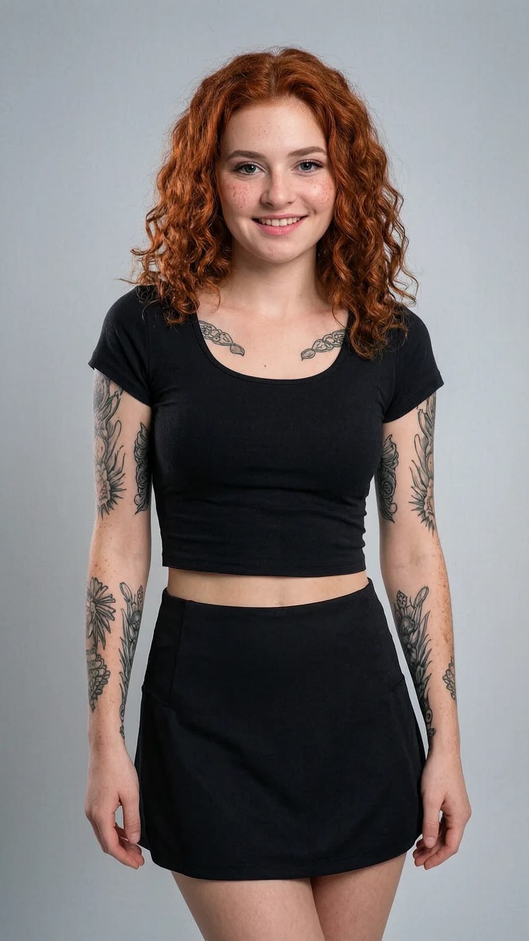 A 21-year-old Caucasian woman with curly red hair, blue eyes, skinny body type, freckles across her cheeks and nose, and visible tattoos on her arms and collarbone, wearing a short black tennis skirt and a fitted crop top shirt that exposes her midriff, standing in a confident portrait pose with hips slightly tilted, captured in a close-up portrait shot from eye-level front angle with direct intense eye contact and a bright genuine smile, lips parted softly, soft natural lighting highlighting her skin texture and curly hair details, fashionable mini skirt style, Flawless anatomy, no extra digits, no extra limbs, realistic skin texture, high-detail.