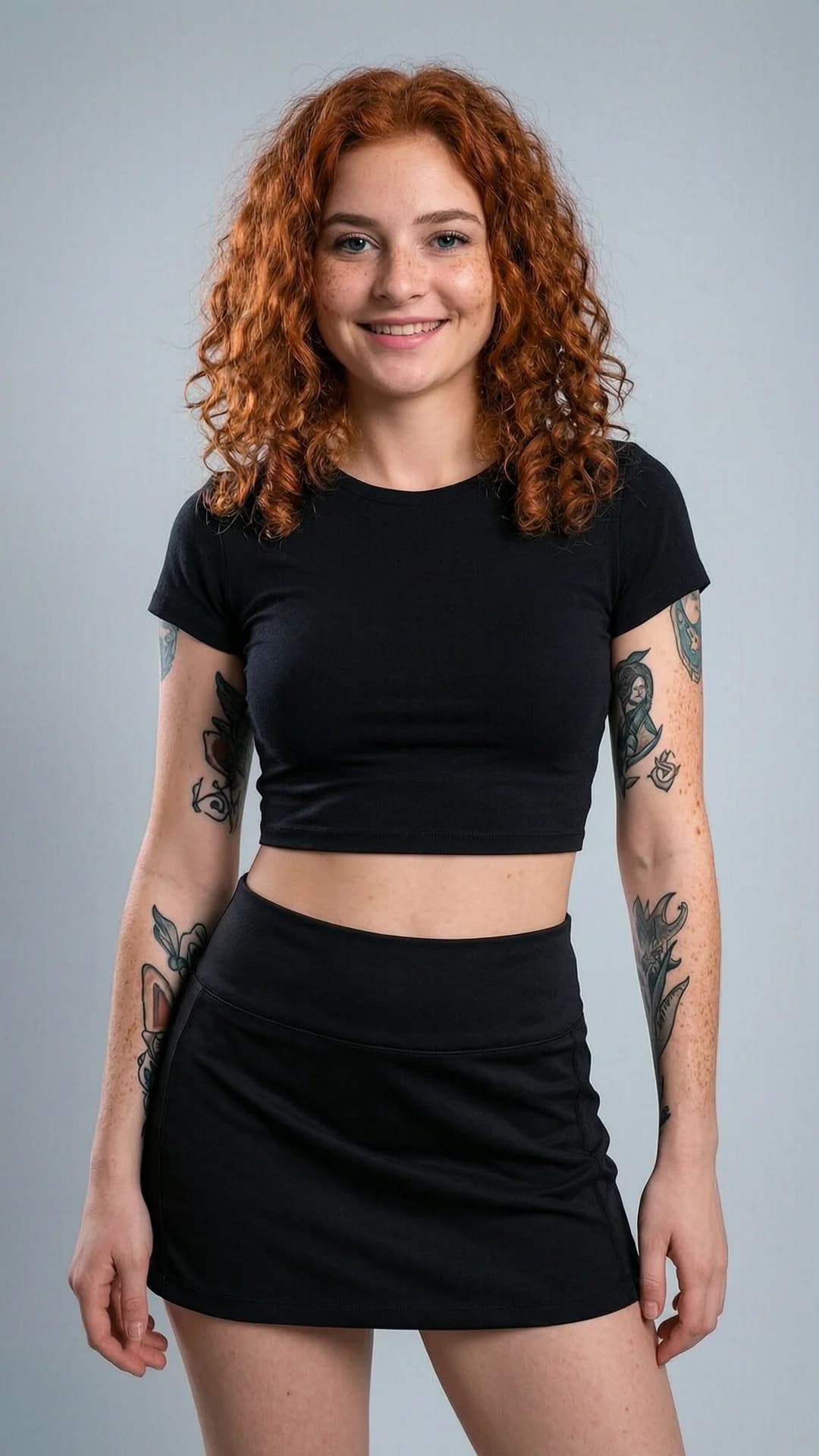A 21-year-old Caucasian woman with curly red hair, blue eyes, skinny body type, freckles across her cheeks and nose, and visible tattoos on her arms and collarbone, wearing a short black tennis skirt and a fitted crop top shirt that exposes her midriff, standing in a confident portrait pose with hips slightly tilted, captured in a close-up portrait shot from eye-level front angle with direct intense eye contact and a bright genuine smile, lips parted softly, soft natural lighting highlighting her skin texture and curly hair details, fashionable mini skirt style, Flawless anatomy, no extra digits, no extra limbs, realistic skin texture, high-detail.