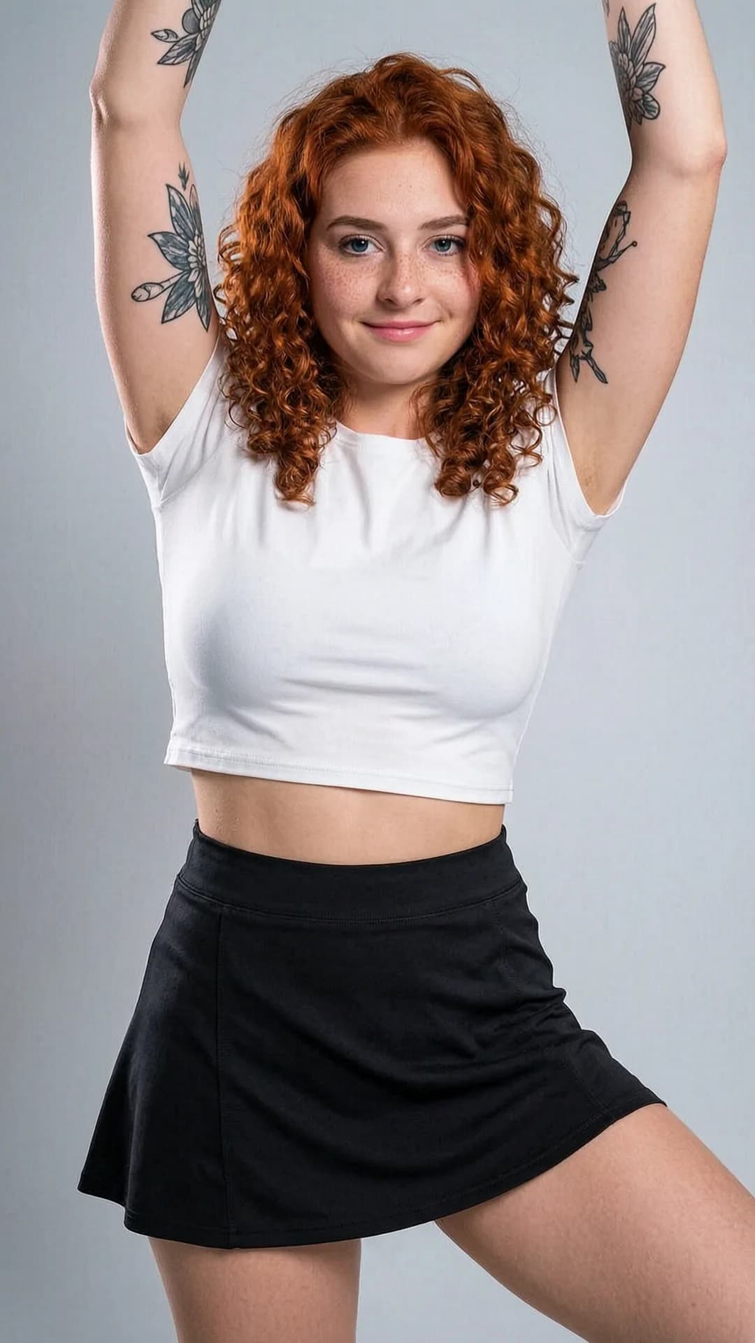 21-year-old Caucasian woman with curly red hair, blue eyes, skinny body type, freckles and tattoos, wearing a short black tennis skirt and tight white crop top shirt that exposes her midriff, captured in a graceful stretching pose with arms extended overhead and one leg extended, medium close-up frontal portrait from eye-level camera angle, direct eye contact with the viewer and a soft warm smile with lips gently curved upward, bright natural lighting highlighting her freckled skin and curly hair texture, realistic style, Flawless anatomy, no extra digits, no extra limbs, realistic skin texture, high-detail.