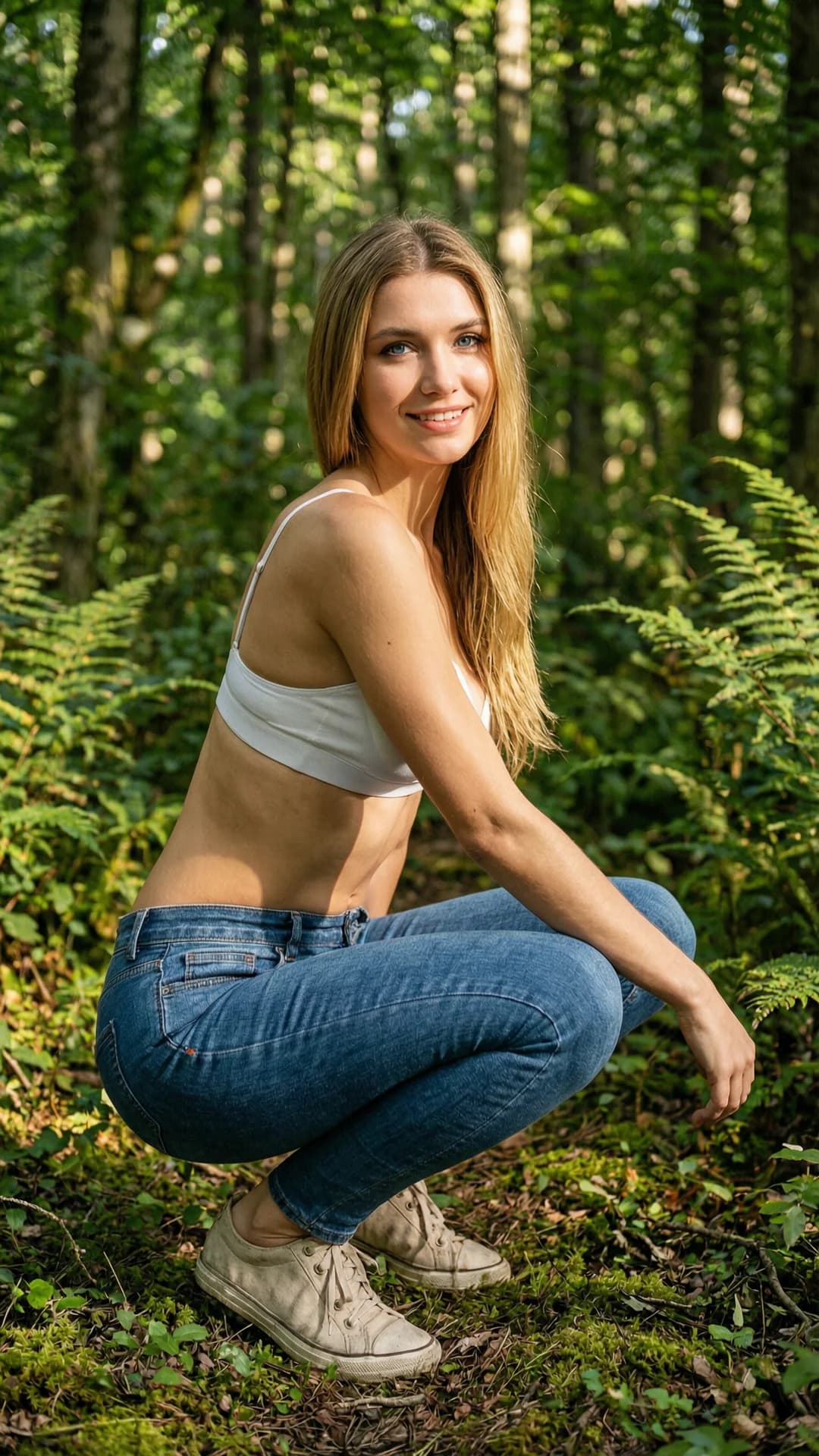 A 27-year-old Caucasian woman with long blonde hair, blue eyes, and a fit body type, wearing fitted blue jeans and a white bra, squatting confidently in an athletic pose with knees bent and thighs engaged, full body shot from a slight three-quarter angle in a lush green forest with dense foliage and dappled natural sunlight filtering through the canopy creating soft highlights on her skin, beautiful genuine smile with direct eye contact toward the viewer conveying a comfortable and approachable vibe, body relaxed yet athletic with subtle muscle definition and natural skin sheen, casual lifestyle photography, warm green color palette, Flawless anatomy, no extra digits, no extra limbs, realistic skin texture, high-detail.