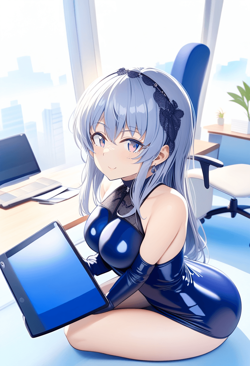 24-year-old caucasian woman, confident businesswoman, fit body type, athletic curves, energetic presence, sophisticated makeup, styled hair, wearing a tailored navy blue power suit, sitting at an executive desk, holding a tablet, warm, bright smile, looking at viewer, modern corner office, city skyline view through floor-to-ceiling windows, professional headshot style, photorealistic, high detail, full body, wearing a sleek latex skirt, sitting casually, relaxed pose, tanning on a beach lounger, wearing beautiful earrings, in a cozy bedroom setting