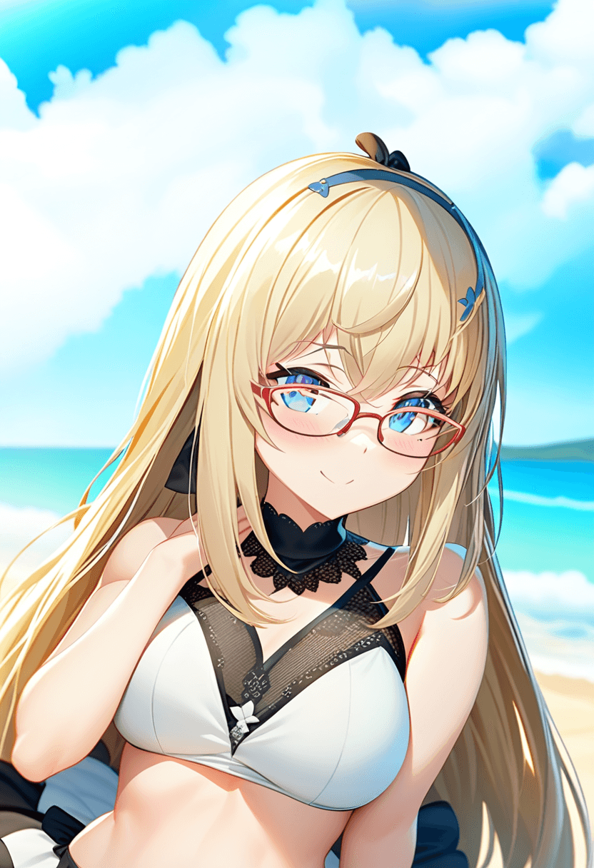 Young, 18-year-old, Caucasian, fit woman with athletic butt and xxl breast size, wearing a short black tennis skirt, a crop top shirt, and a stylish bikini on the beach, looking directly at the viewer with a bright smile, her striking bone structure, luminous skin, and expressive blue eyes accentuated by a pair of trendy glasses, her belly adorned with a few stylish piercings, her long hair styled in loose waves, her makeup subtle yet elegant, set against a soft, warm, and inviting natural light, with a sophisticated, high-fashion editorial photography style, emphasizing her exceptional beauty and allure in a tasteful and refined manner, with a focus on capturing her stunning features in a highly detailed, photorealistic, and anime-inspired image. Generate a highly detailed, photorealistic image of an exceptionally beautiful young woman, emphasizing features often described as highly attractive, such as striking bone structure, luminous skin, and expressive eyes. The style should evoke high-fashion editorial photography, using soft, flattering natural light and a sophisticated, elegant composition. Maintain a focus on aesthetic beauty and allure without crossing into explicit territory.