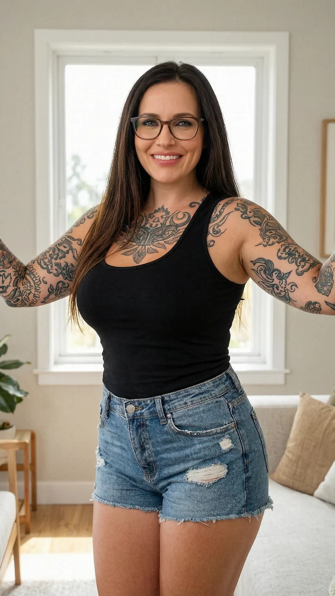 A 35-year-old caucasian woman with long brunette hair, green eyes, chubby body type, wearing glasses, covered in intricate tattoos across her arms and chest with nipple piercings visibly pressing through fabric, standing confidently in a sunlit modern living room, wearing a tight black tank top and short frayed jean shorts that hug her curves, smiling broadly while showing off her tattoos with arms slightly raised and body angled toward viewer, medium close-up from front angle with direct eye contact and joyful confident expression, soft natural window lighting highlighting skin texture and tattoo details, chubby breasts resting naturally against the tank top fabric, relaxed posture with subtle hip tilt, realistic style, Flawless anatomy, no extra digits, no extra limbs, realistic skin texture, high-detail.