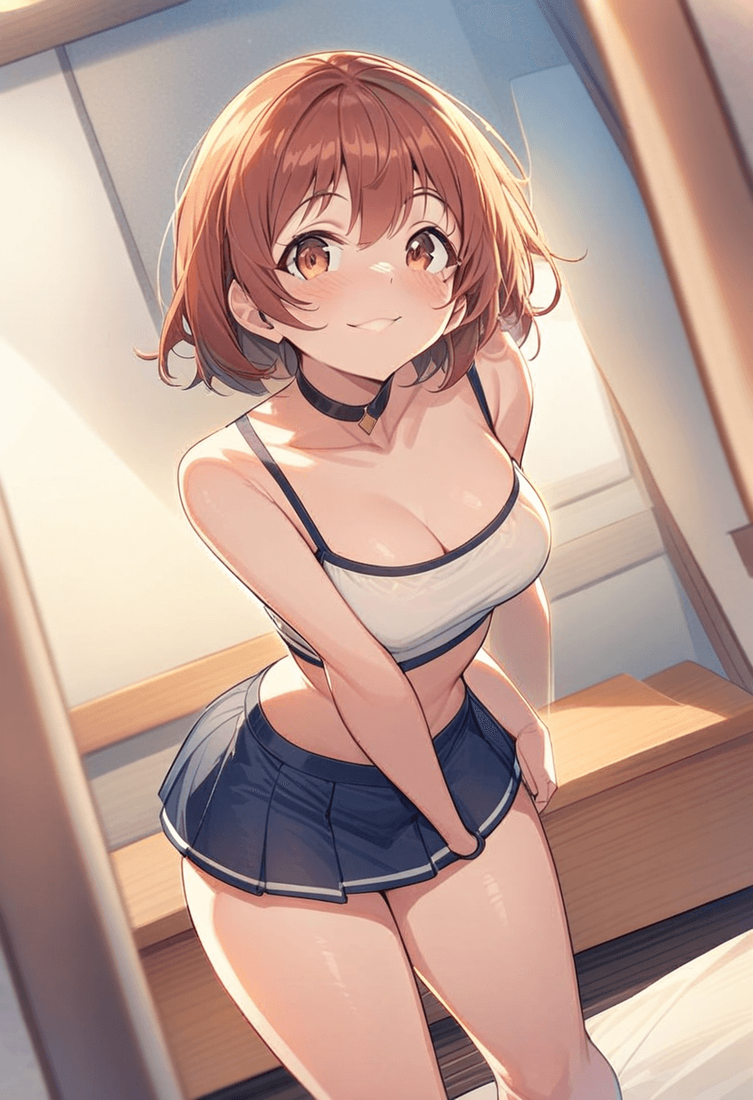 Wearing short black tennis skirt and a crop top shirt, portrait picture, looking at the viewer with a smile, wearing fitted blue jeans, standing confidently, full body shot, wearing a fashionable choker, in a cozy bedroom setting