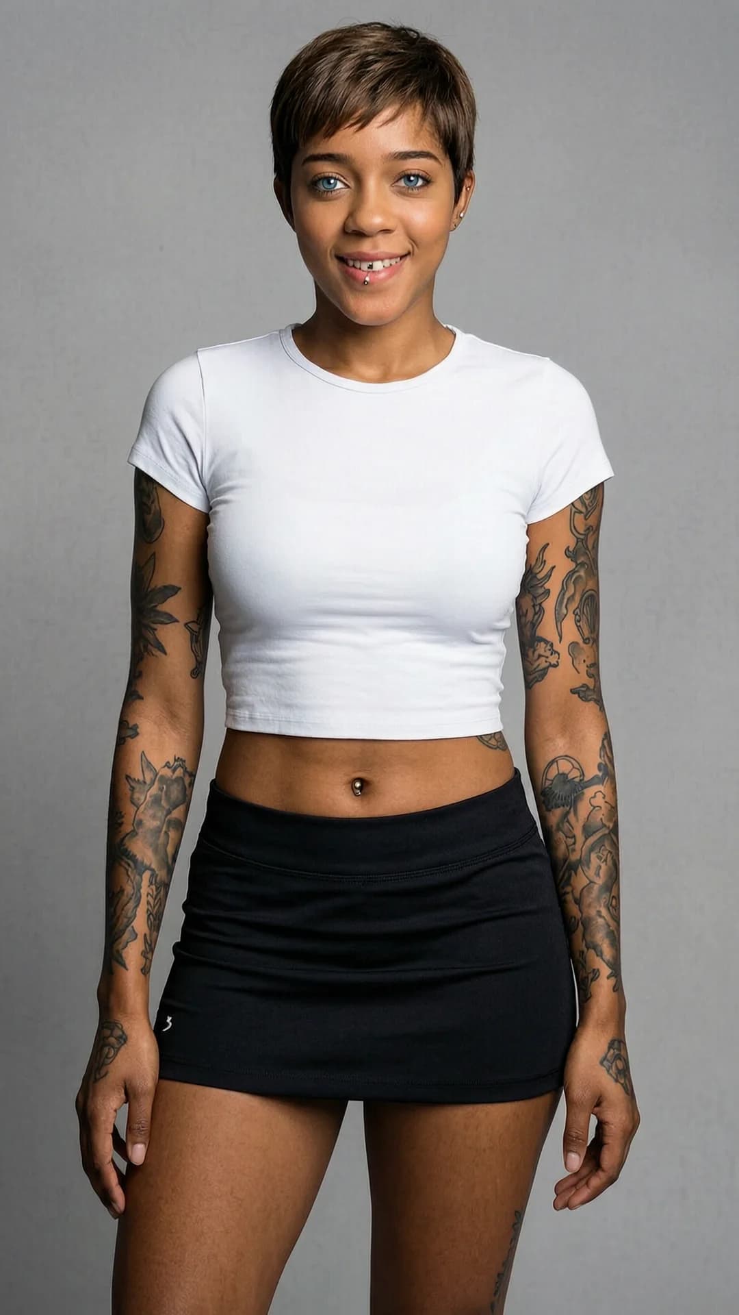 21-year-old black woman with fit athletic body, short brunette hair, piercing blue eyes, visible tattoos across skin, belly piercing and nipple piercings, wearing a short black tennis skirt and tight white crop top shirt that reveals midriff, standing in a neutral studio setting with soft cinematic lighting, portrait picture from direct front angle at eye level, body facing forward with slight hip tilt, looking at the viewer with a warm genuine smile and direct eye contact, flawless anatomy, no extra digits, no extra limbs, realistic skin texture, high-detail.