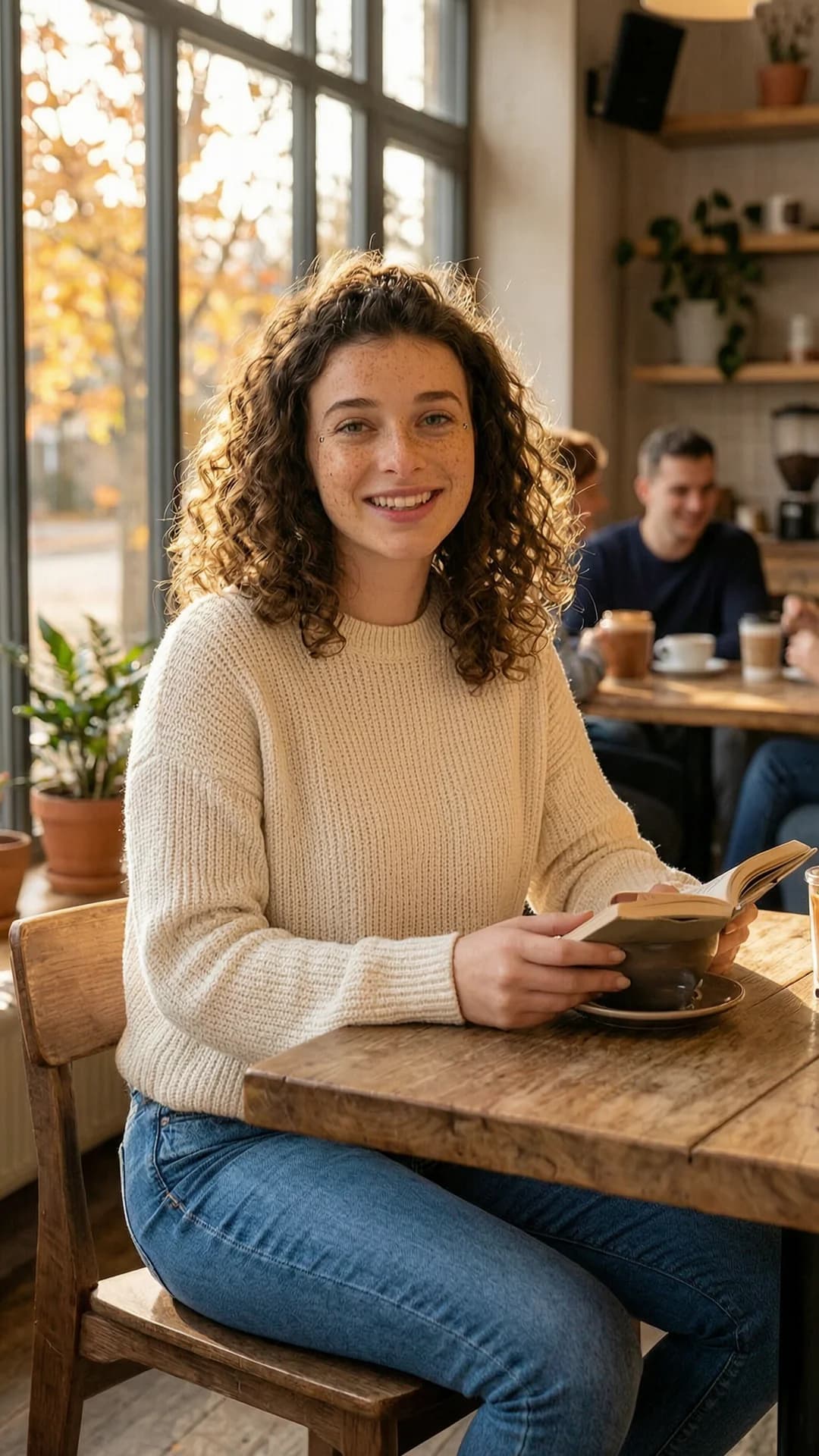 A 24-year-old Caucasian woman with a fit body, curly brunette hair, green eyes and freckles, wearing fitted jeans and a cozy oversized sweater that subtly outlines her nipple piercings, sitting relaxed at a table in a trendy coffee shop while holding a book and a latte, natural sunlight streaming through large windows casting warm autumn colors across the scene, genuine laughing expression with direct eye contact and joyful warmth, casual lifestyle photography, comfortable and approachable vibe, medium close-up from a slight three-quarter angle, body leaning back naturally with relaxed posture and soft skin texture under the light. Flawless anatomy, no extra digits, no extra limbs, realistic skin texture, high-detail.
